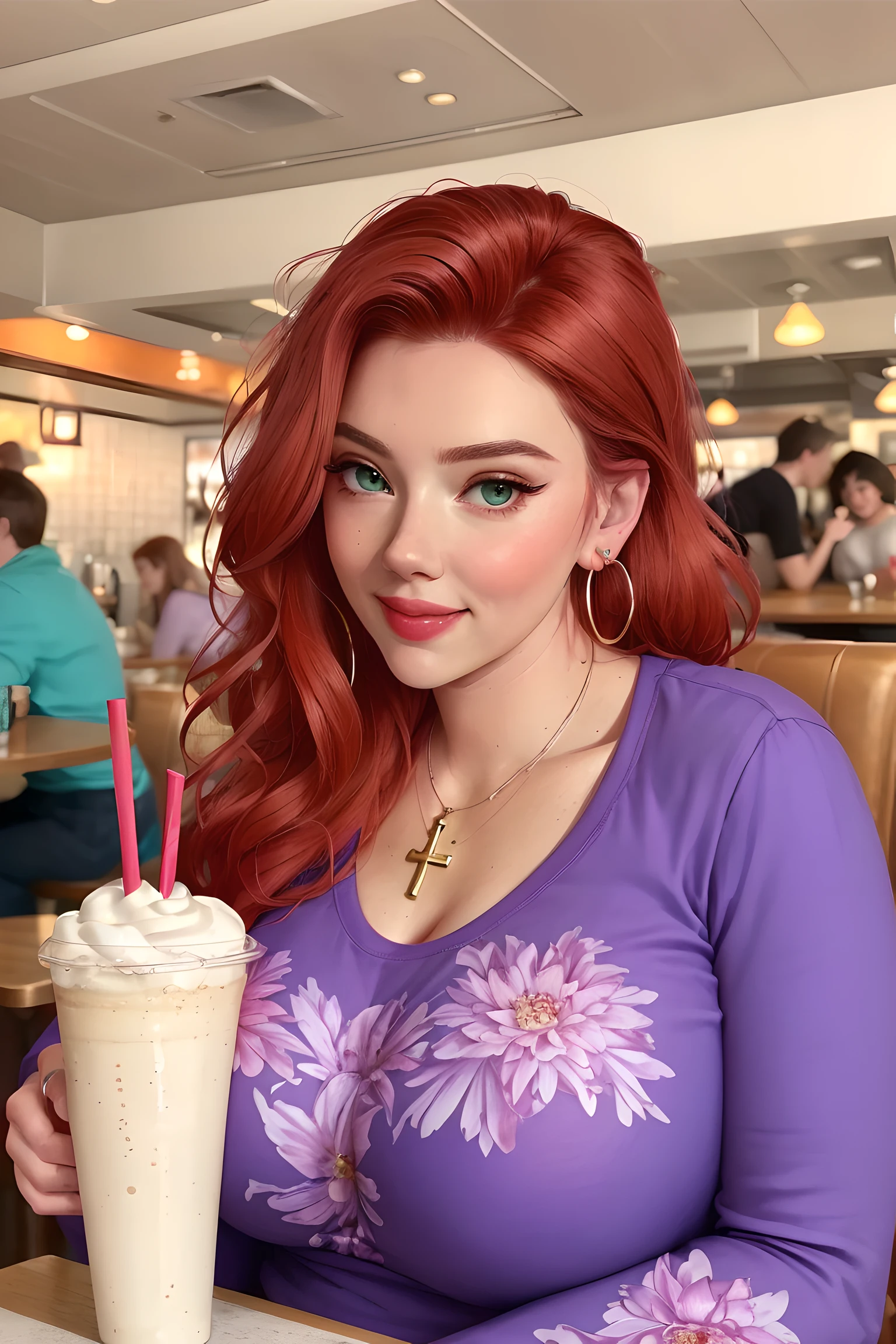 (scarlett with red hair and green eyes sitting at a booth, sipping a milkshake), (realistic:1.5), (nsfw), ((wearing purple long sleeve tee shirt, flower pattern)), (wearing jeans), (masterpiece), (specular lighting:1.3), (hyperrealistic:1.2), (photorealistic face:1.2), (perfect face), (perfect eyes), (best quality), (8k), (4k), sharp focus, octane render, best quality, extremely detailed, intricate, fantasy, soft lighting, (gigantic hanging breasts), (skindentation:1.3), (chubby:1.4), (voluptuous:1.4), thick eyelashes, long eyelashes, (wearing small cross necklace), smile, blushing, hoop earrings, ((morning:1.5)), (retro diner, crowd of people, restaurant:1.3), comfy, cosy, looking at viewer, detailed skin