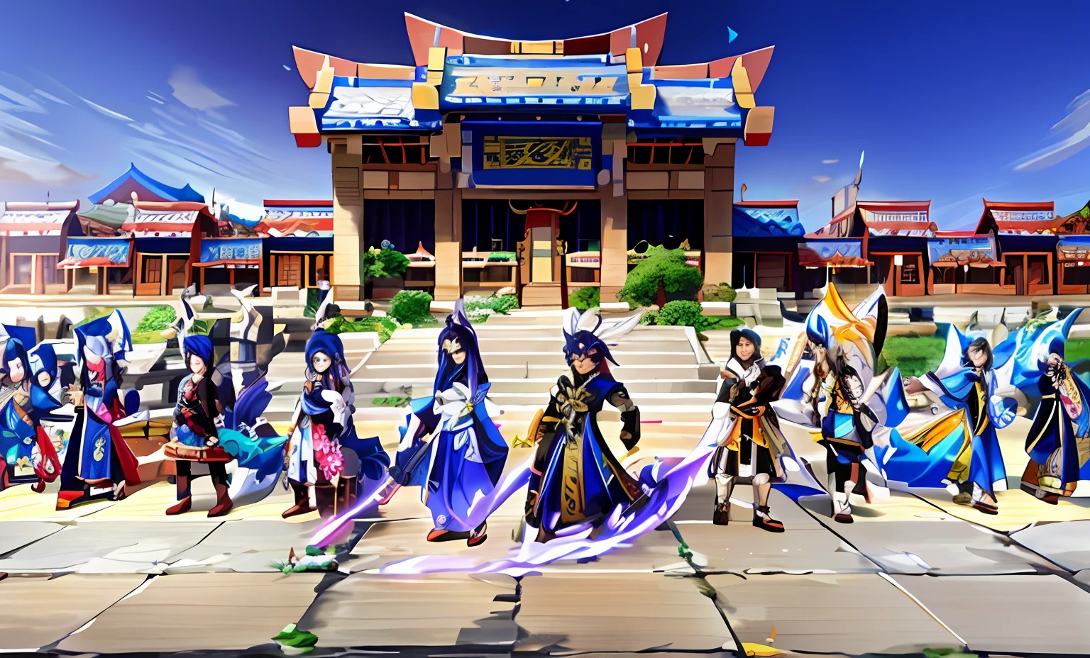 Image of Araved standing in front of a building with a group of people in costume, mmorpg, onmyoji, full-body wuxia, korean mmorpg, korean mmo, mmorpg gameplay, <mmorpgs scene, mmorpg fantasy, Onmyoji detailed art, G Liulian art style, mmo, xianxia fantasy, xianxia hero, Dynasty warriors