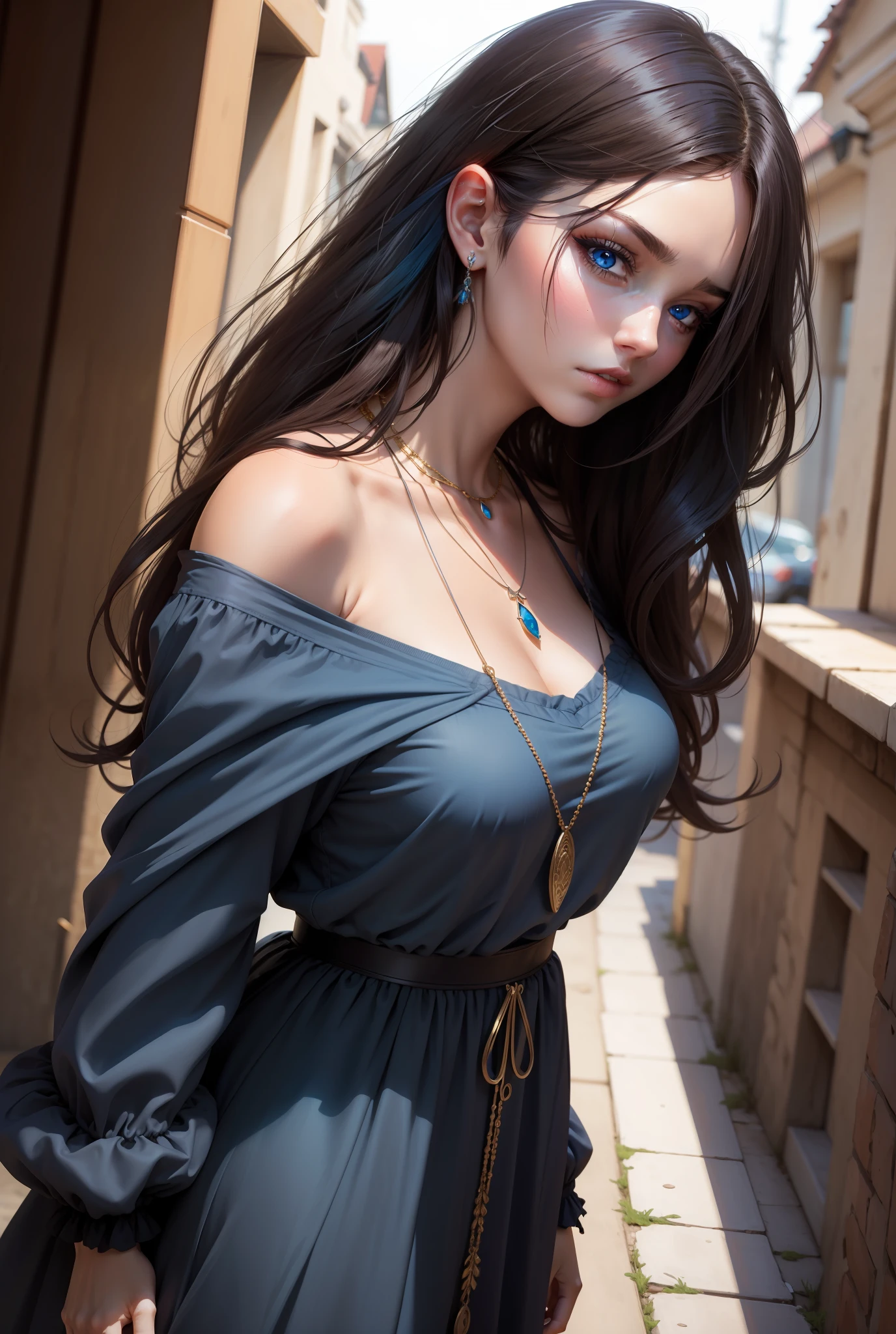 Make the necklace bigger,The hair is dark brown,Blue eyes