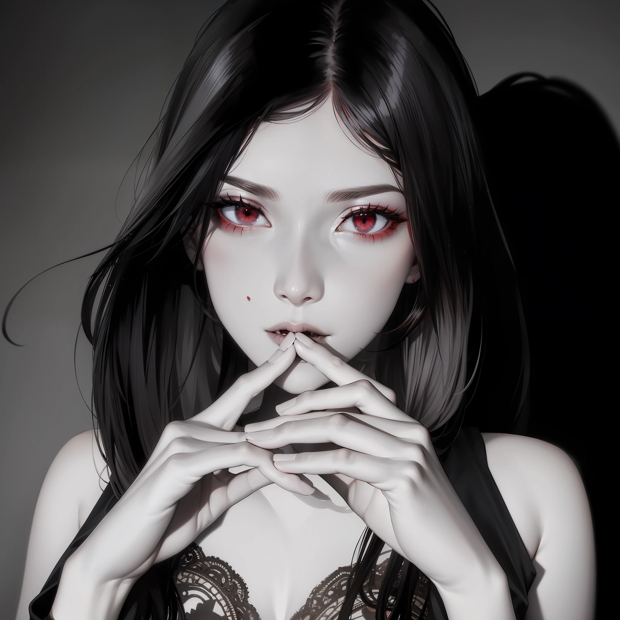 Red pupils, Messy hair, Long red hair, eye shadows, Gorgeous interior