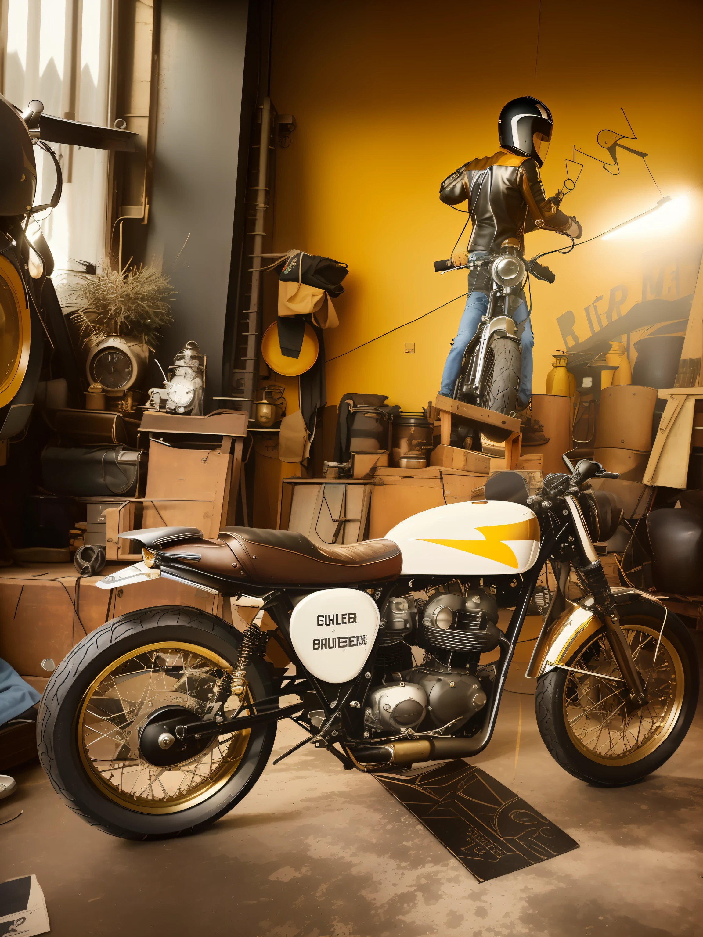 there is a motorcycle that is parked in a garage, cafe racer, 1 9 6 0 s cafe racer, in a workshop, deus ex machina, 🪔 🎨;🌞🌄, scrambler, 1 9 5 0 s scrambler, motorcycles, masterpiece work of art, by Romain brook, by Aneurin Jones, motorcycle, by Brian Fies