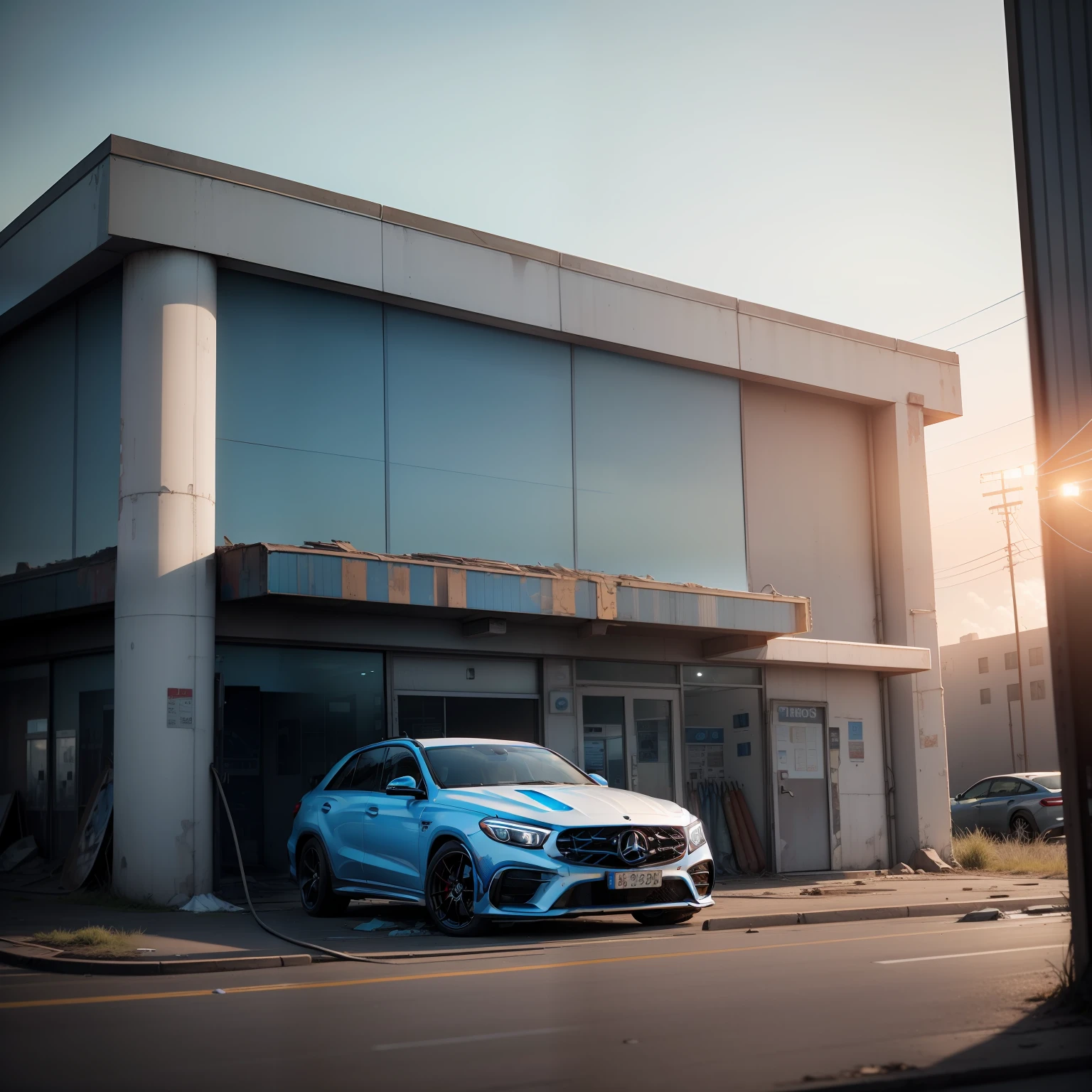 Cars around an abandoned gas station made of rockets Beautiful blue sky Clutter-Home(AtomPunkStyleSD15:1.0), (masterpiece:1.2) (Photorealistic:1.2) (Bokeh) (Top Quality) (Detailed skins) (Complex) (8k) ( HDR) (cinematic lightings) (Sharp Focus) Benz GLE 450 4M