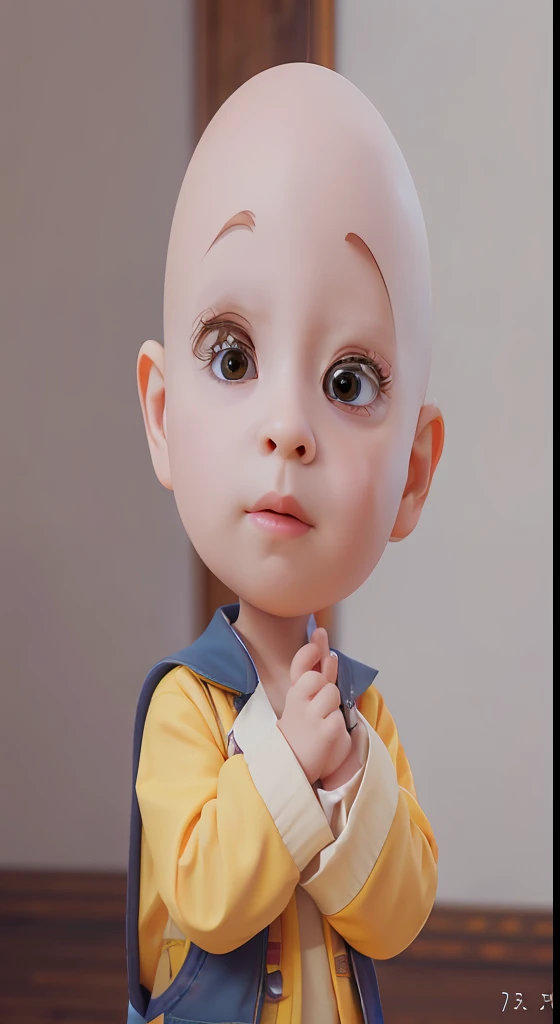 There is a small child with a bald yellow shirt, lovely digital painting, cute 3 d render, Personagem pequeno. Unreal Engine 5, childrens art in artstation, Soft portrait shot 8 K, 3 D rendering character art 8 K, Cute detailed digital art, Kawaii realistic portrait, pouty look :: rendering by octane, 3d character realistic