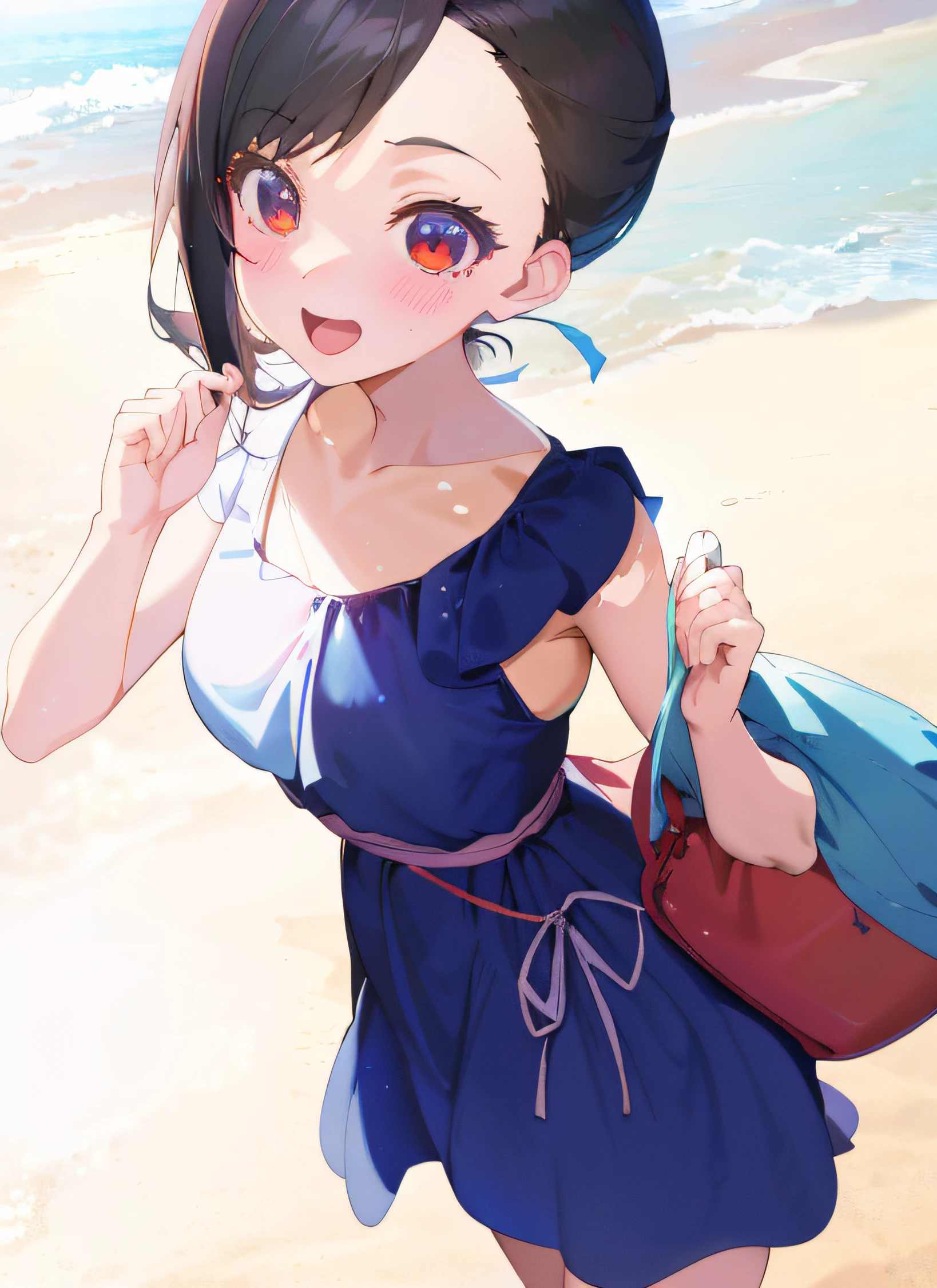 Anime girl holding red bag in blue dress on the beach, in the beach, loli in dress, in beach, cute anime waifu in a nice dress, Smooth anime CG art, attractive anime girls, Anime moe art style, Beautiful anime girl, on  the  beach, Makoto Shinkai and Artgerm, pretty anime girl