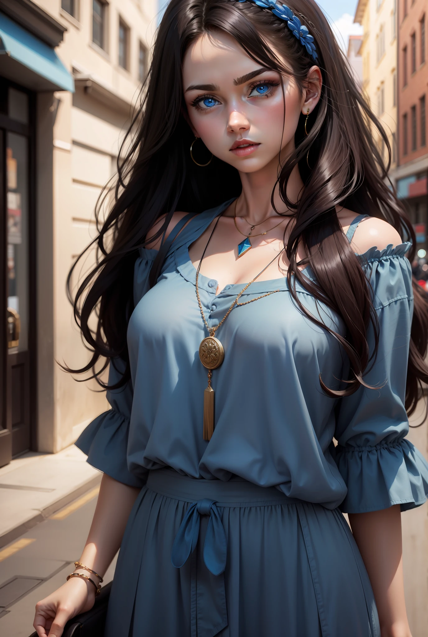Make the necklace bigger,The hair is dark brown,Blue eyes