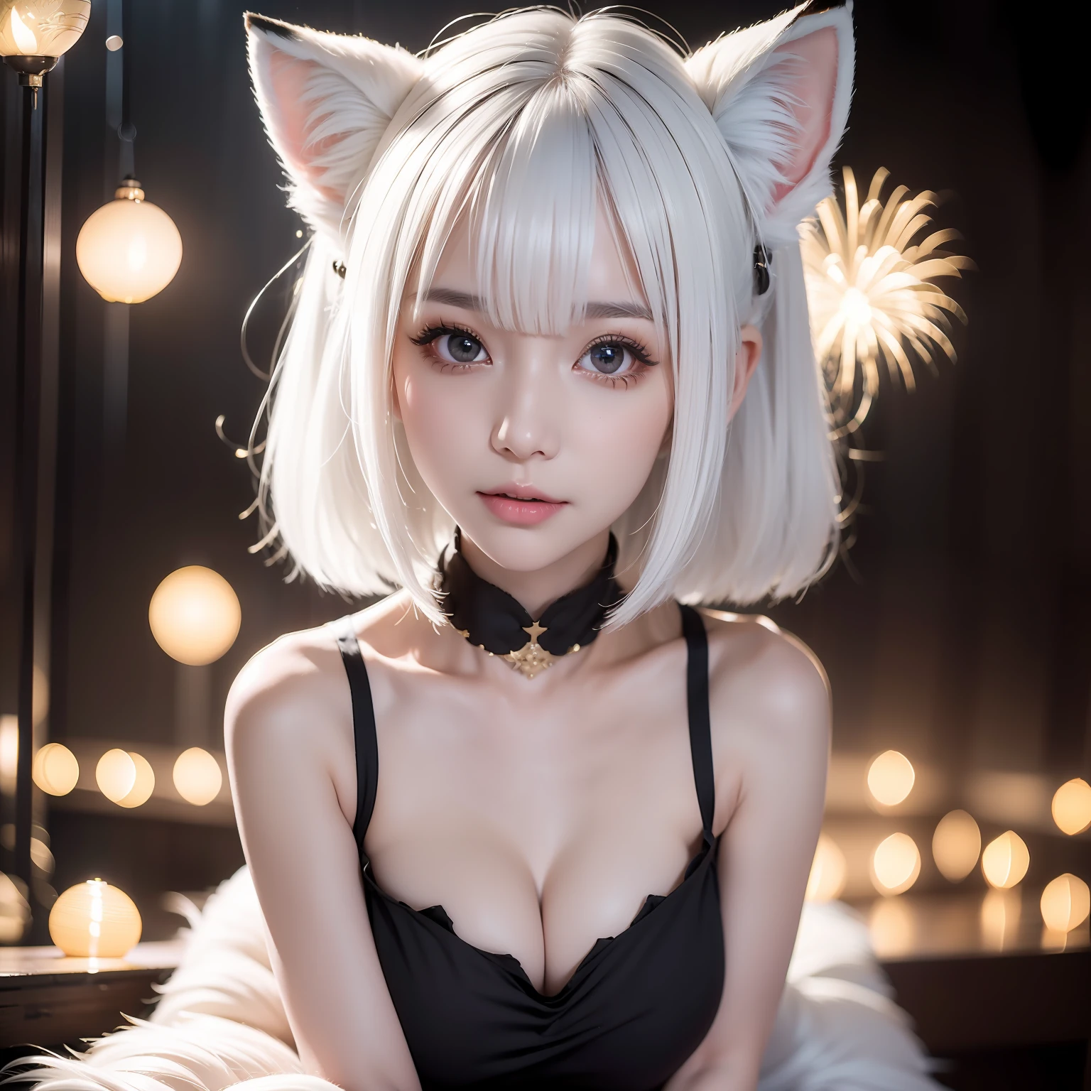Clothes that wrap the whole body,Fox demon fox ears white hair girl,Overlooking the night view of Chang'an,Delicate pupils,,Sit Pose,fluffy fox ears,fox tails,sparkle eyes,red pupils,Reddish tone,Gorgeous fireworks background medium chest,Fox eyes,Enchanted,Charming,16k, best qualityer, tmasterpiece, 1womanl, 独奏, mature, Raised sexy, Highly detailed face and eyes, professional make-up, ,Fox ears white hair girl,Blur at close range,blurryforeground,,Background bokeh,depth of fields,edge lit,long eyelasher,