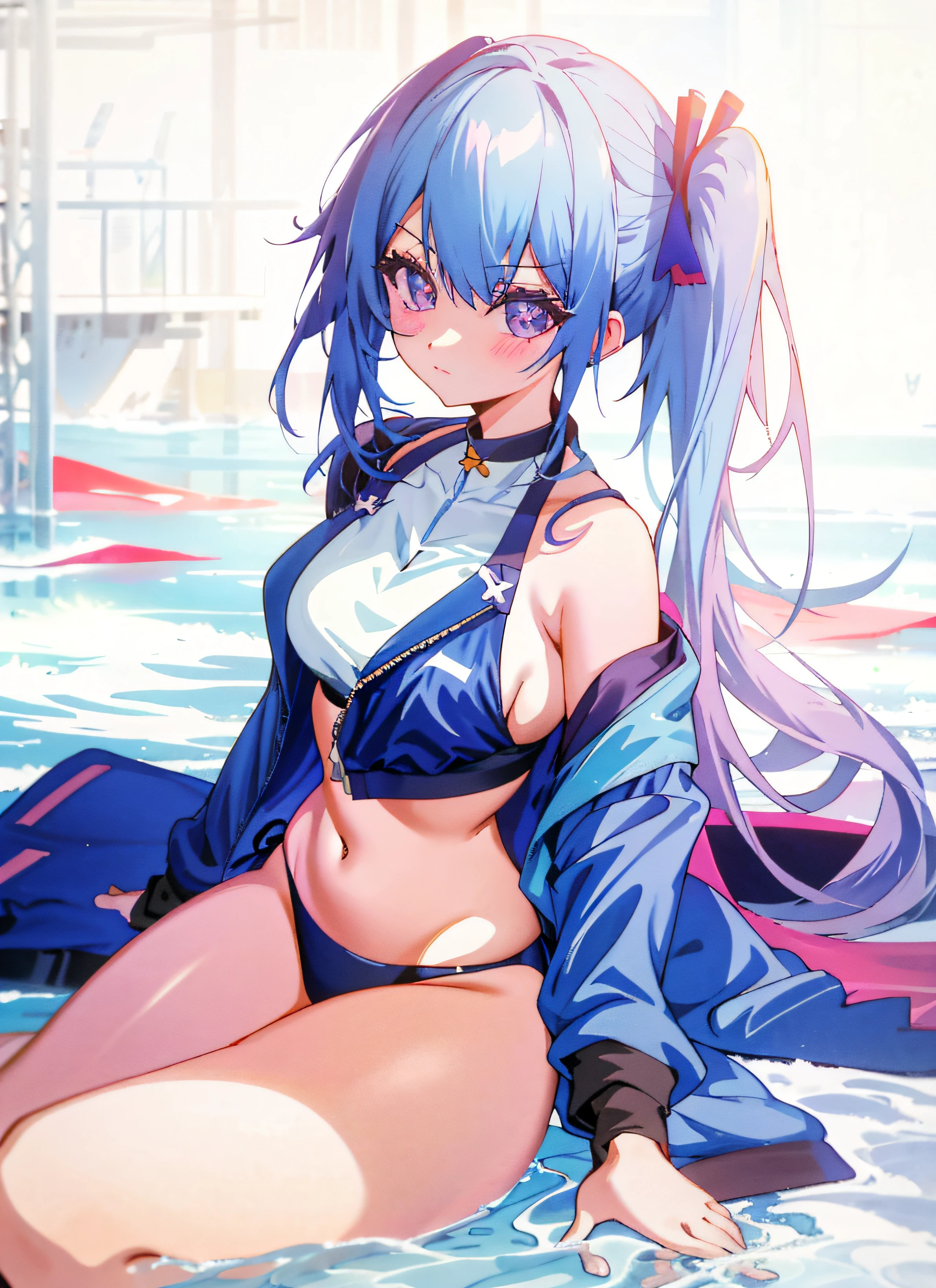 Anime - Stylistic image of a woman in a bikini and a blue jacket, seductive anime girls, small curvaceous loli, azur lane style, attractive anime girls, Cute anime girl, Anime girl, anime best girl, pretty anime girl, from girls frontline, Anime waifu, Anime moe art style, Smooth anime CG art, (Anime girl), Beautiful anime girl