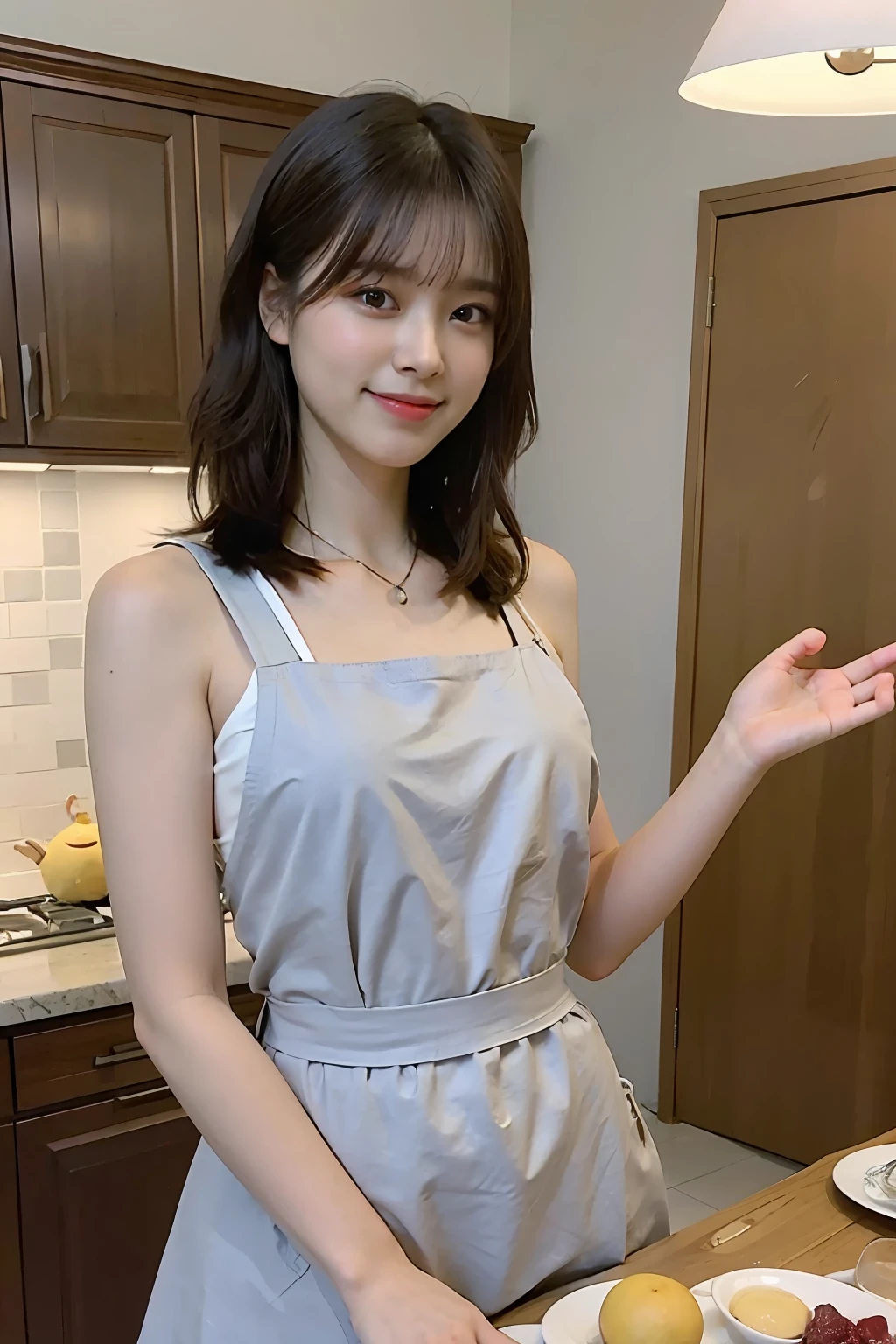 a woman is cooking、(kitchin_Apron:1.Wear 3)、Good Hand、4K、hight resolution、​masterpiece、top-quality、Cap:1.3、((Hasselblad photo))、Fine skin、foco nítido、(lighting like a movie)、Soft lighting、dynamic ungle、[:(详细的脸:1.2):0.2]、Medium chest、sweats streamed skin:1.2、(((In the kitchen))) A smile　Beautiful profile　Colossal tits　Beautiful body　Tying hair　Wide background々and a luxurious living room　Luxurious and luxurious living　Luxurious living room　Beautiful living room　Beautiful living room　A smile　an orange　lemons　A smile　Laughing　banana in　pineapple　Luxurious room　beautiful  lighting　Beautiful lighting　Very large room　very high image quality　very high res　8k Photos　Viewer's Perspective　Very gorgeous room　Luxury rooms