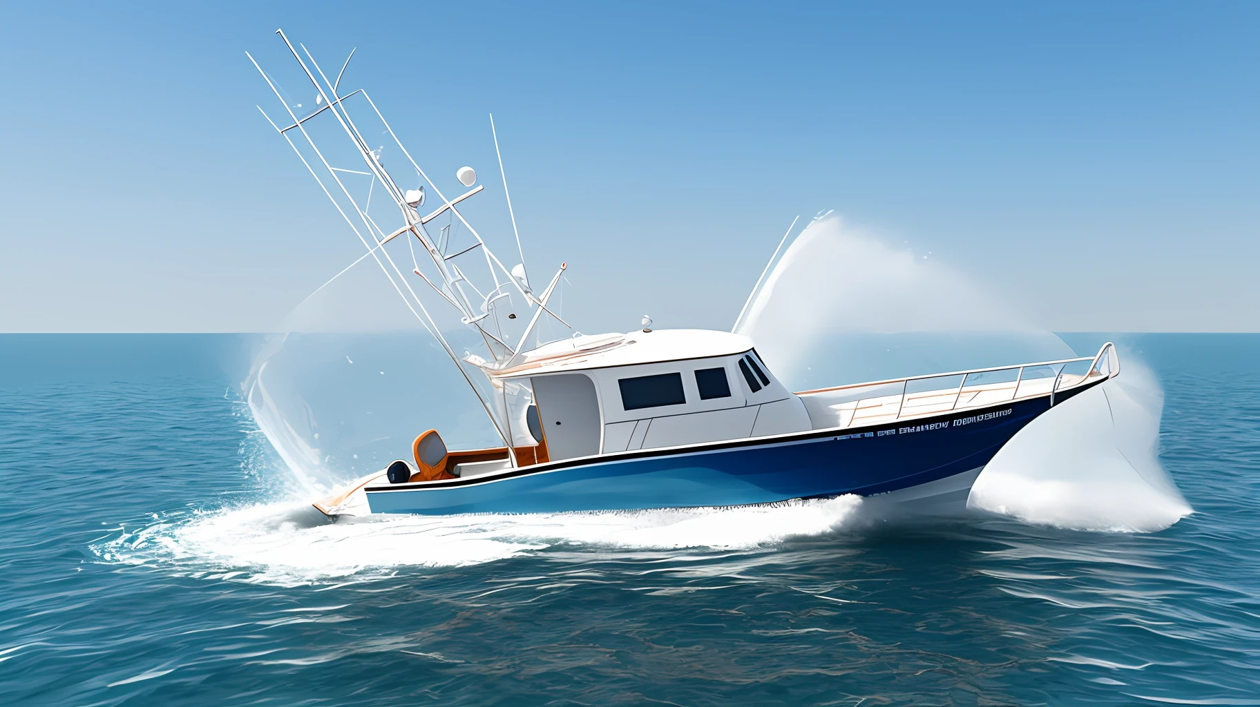 sea, fishing boat, dolphin splashing, digital style, 3d rendering