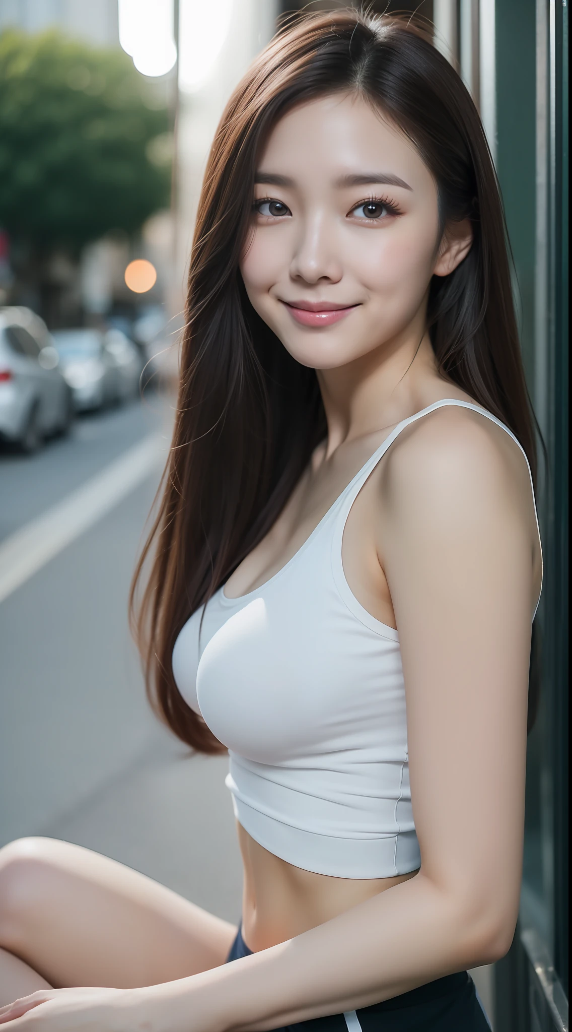 realistic photos of (1 cute Korean star) long hair, thin makeup, 32 inch breasts size, slightly smile, wearing tank top, and track pants, sitting against the building, Eye-Level Shot, f/4.0, 135mm, Canon, sparkle, motion blur