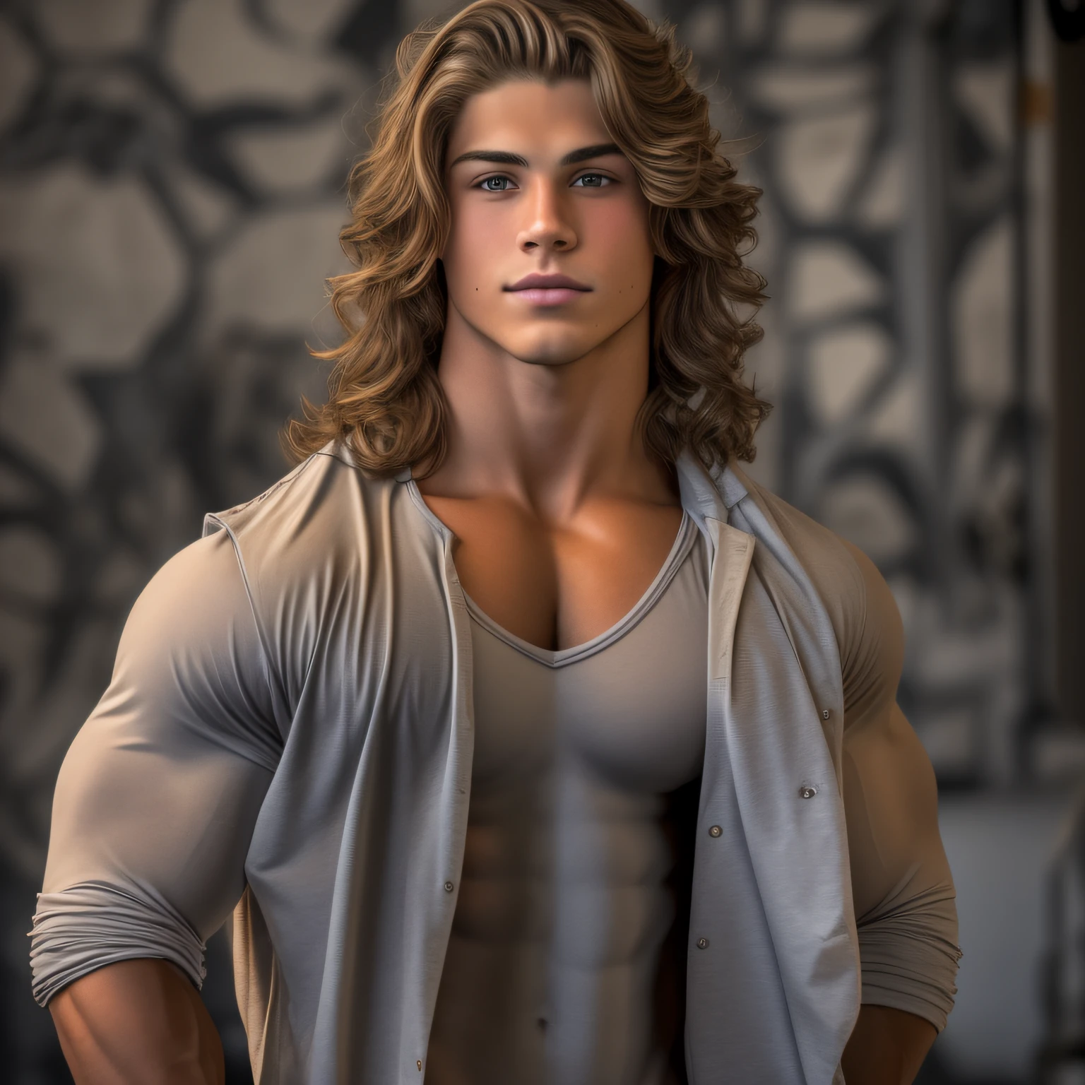 An 18-year-old boy bodybuilder, embodying the perfect fusion of Joey Lawrence and Cody Calafiore with long hair, exuding an aura of strength and confidence. Enhanced with HDR technology, this image depicts a true masterpiece, AllAmericanGuys