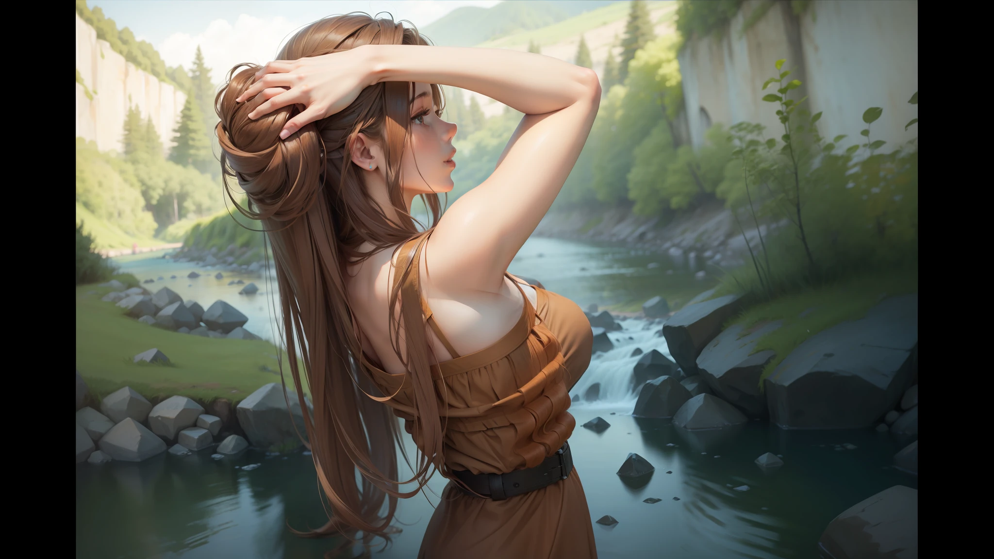 Long hair, brown hair, using finger, by the river, big breast