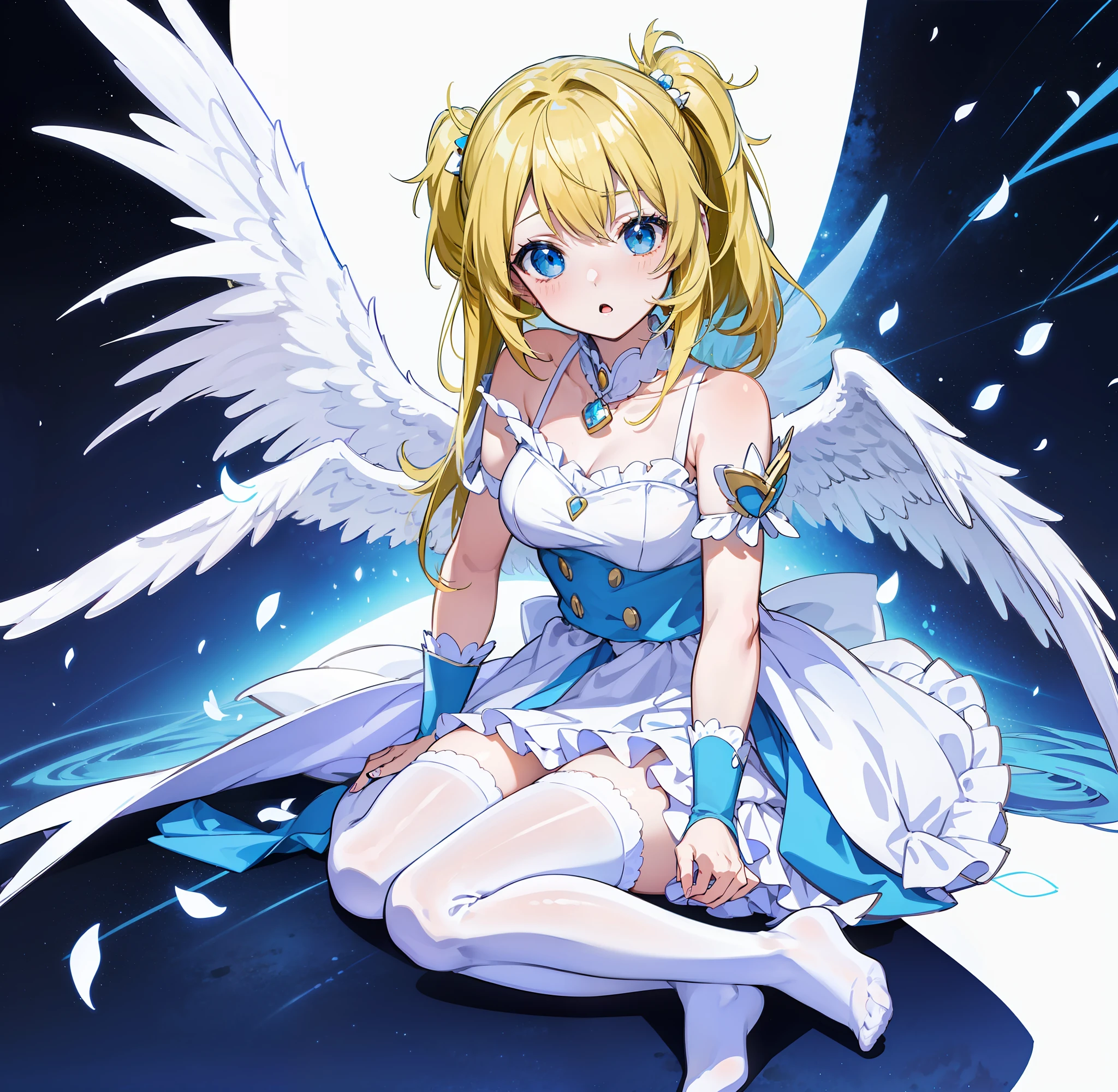 Anime girl with angel wings and blue collar, Anime Barbie in white stockings, Anime girl named Lucy, angelicales, tron angel, Angel Girl, angelic purity,Yellow hair、 possibly an angel, angel knight girl, Lori, of an beautiful angel girl, full - body majestic angel, Angelic, Chibi, angelicales, anime goddess, Ecchi anime style、(top-quality、8K、32K、​masterpiece、nffsw:1.2)、