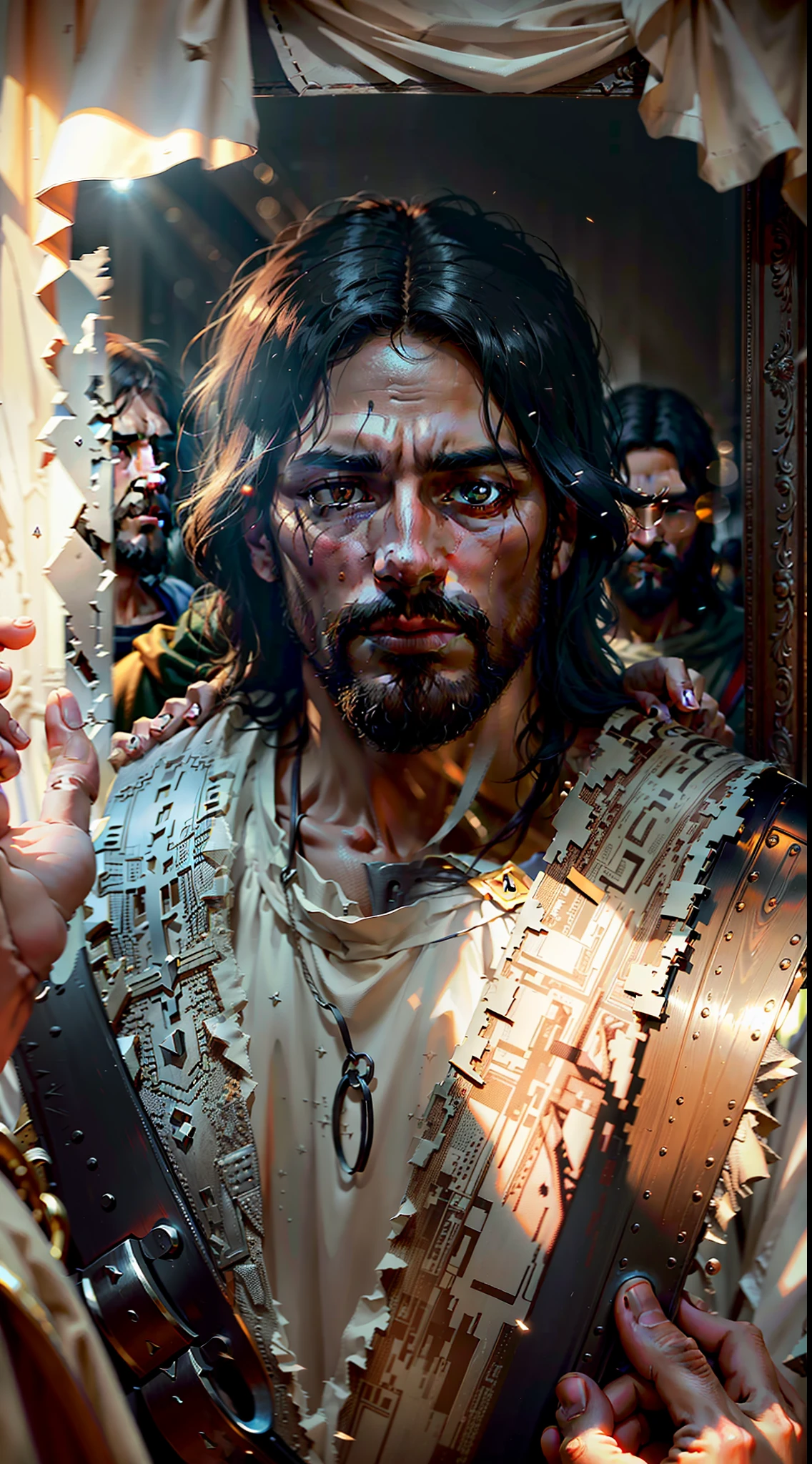 Jesus Christ, Jesus Christ of Nazareth. High detail, social realism, surrealism, depth of field, cinematic lighting, chromatic aberration, blurry, reflection light, ray tracing, JPEG artifacts, shadow, super detail, high detail, high quality, best quality, 16k
