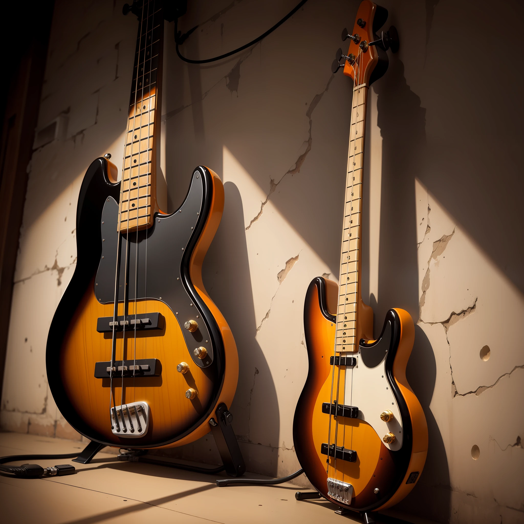 A beautifull electric bass black and gold backround brick wall white and orange vintage touch highly detailled