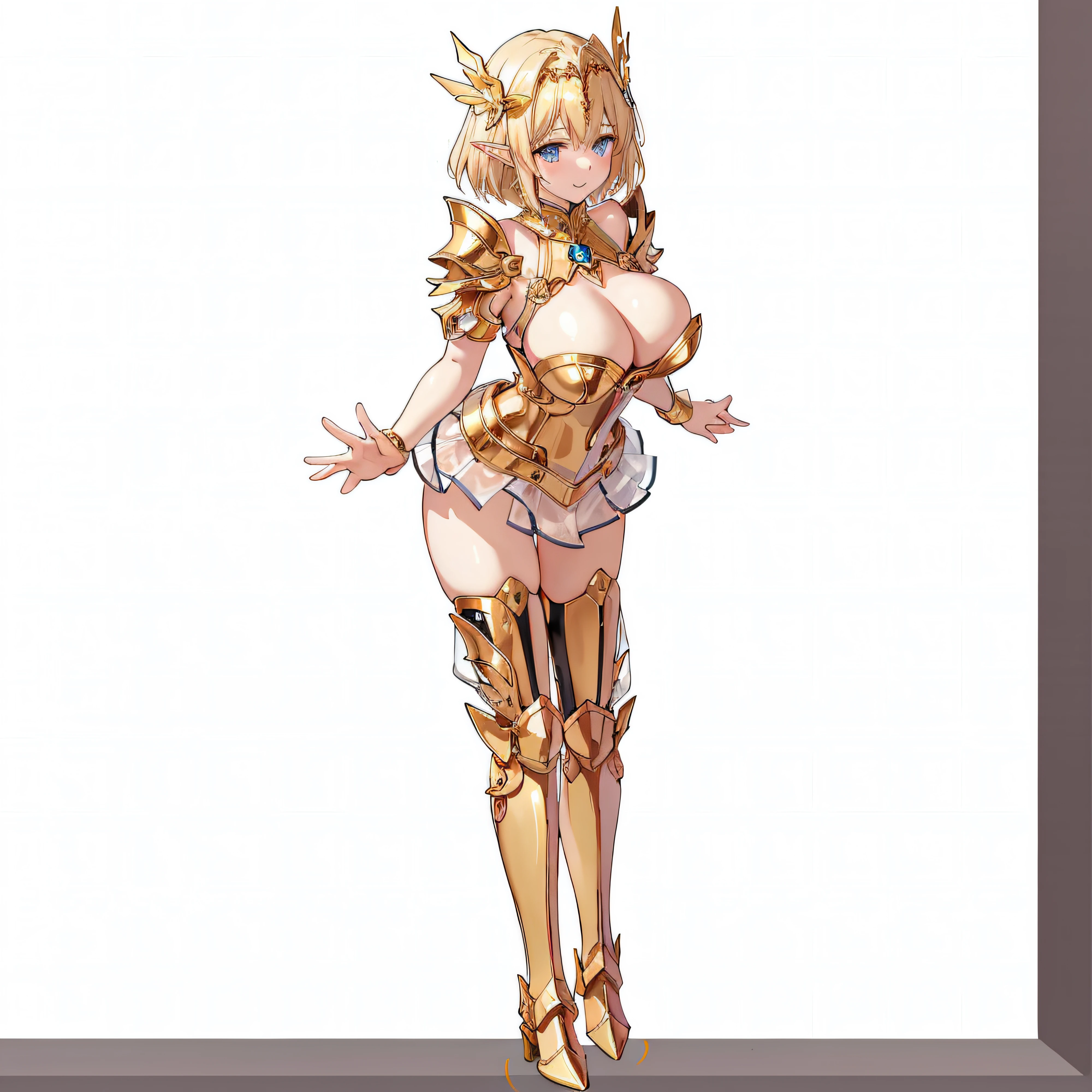 White panty、extremely transparent skirts、Full body like、A smile、Very slender、Anime girl with blonde hair and gold armor posing naked、anime girl with a very big breast and a very big breast、Elven Girl、anime goddess、Perfect Style、The fleshy feeling of whip、short-hair、a blond、Blue eyes、alluring elf princess knight、Very open chest、oppai proportions、(Exposed seductive attractive cleavage:1.3)、teats、You can almost see the areola、Wet sheer skirt、Ultra-thin skirt、Ecchi anime style、Glittering golden armor、Angel Smile、angelic golden armor、Glamorous bikini armor、Beautiful fingers、Gold hair ornament、Gold bangles、Gold ankles、Gold Long Boots、Girl in armor、Sexy body、Emphasizes cleavage