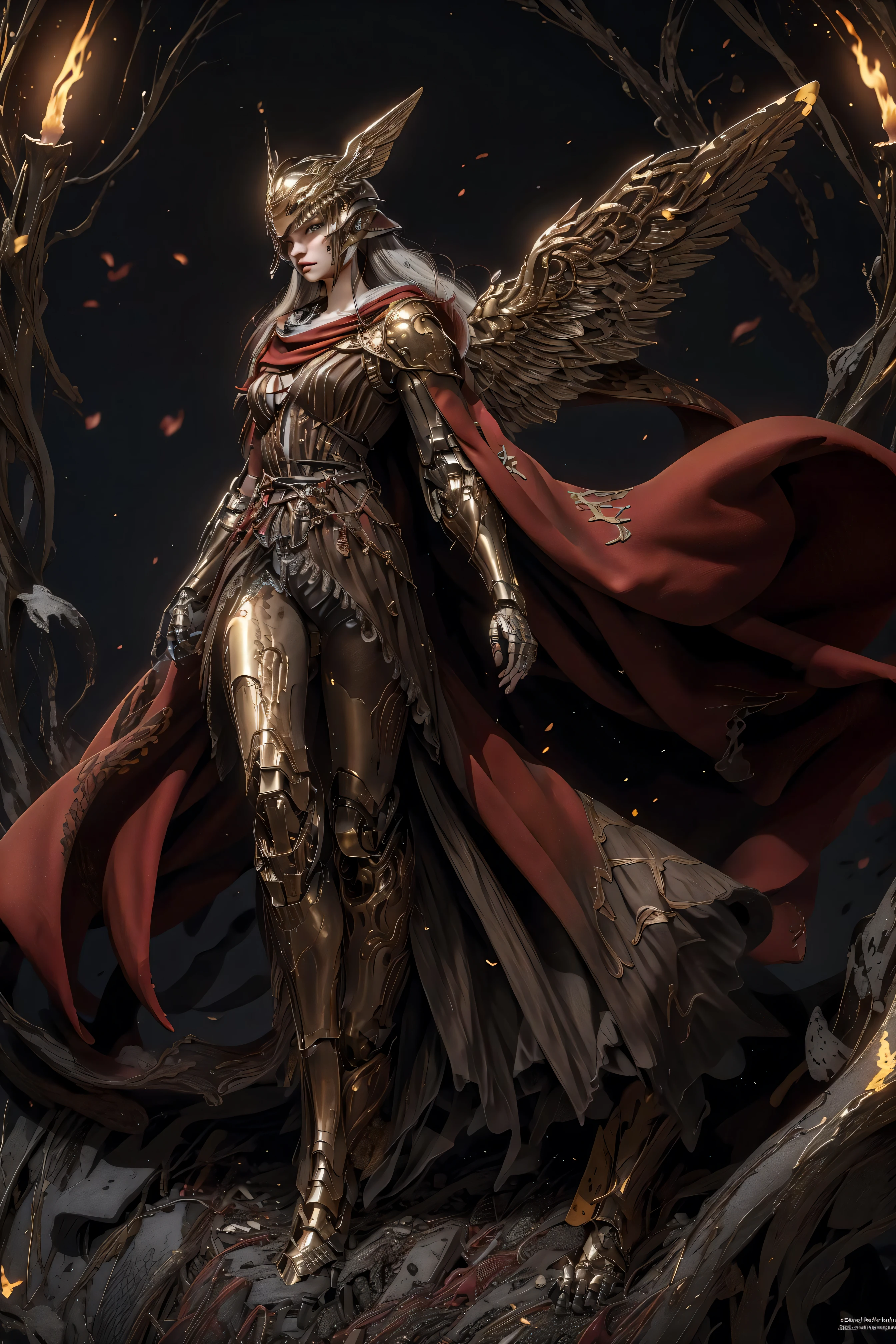 true-to-life visuals,artistically refined,captivating beauty, dramatic contrasts, atmospheric depth,intimate moments, enduring allure, authentic portrayal,lifelike accuracy, evocative mood, emotional depth, striking symbolism, small breasts,big wings, 1girl,((solo)),(looking at viewer),(full body:1.4), (Glowing ambiance, enchanting radiance, ethereal atmosphere, mesmerizing glow, evocative hues, captivating coloration, dramatic lighting, enchanting aura:1),armor robot,(highly details:1.5),unreal engine,3d render,film photograhpy, complex 3d render ultra detailed of a beautiful porcelain profile woman android face, (cyborg:1.3), robotic parts, 150 mm, beautiful studio soft light, (rim light:0.63), vibrant details, luxurious cyberpunk, lace, hyperrealistic, anatomical, facial muscles, cable electric wires, microchip, elegant, beautiful background, octane render, H. R. Giger style, 8k, best quality, masterpiece, illustration, an extremely delicate and beautiful, extremely detailed ,CG ,unity ,wallpaper, (realistic, photo-realistic:1.37),Amazing, finely detail, masterpiece,best quality,official art, extremely detailed CG unity 8k wallpaper, absurdres, incredibly absurdres, robot, silver helmet,
(gaodaxingtai),floating in the sky, (eldenring\(type2\):1.8), eldenring\(malenia\),winged helmet, beautiful face, beautiful eyes, very long hair,(long red cape:1.3), mecha right arm, mecha left leg, (cursed_left_arm), no background