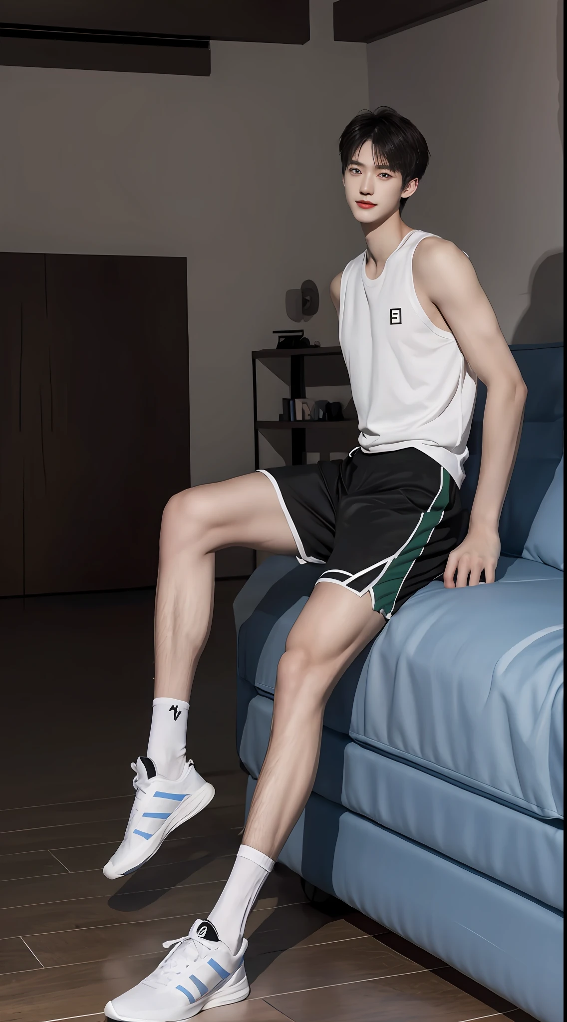 (A lovely Shota:2),(full bodyesbian:2),(Heads-up view),malefocus,looking at viewert,16 yaers old,Awl face,Tall,(Tall guy:2),Super tall,(Height 300 cm:2),Excellent body proportions,(Slender slender legs:2.5),Slender feet,small heads,(Lovely and pretty:2),(The face of an anime man),(Very detailed beautiful face and eyes:2),(Big bright eyes:1.2),Sharp eyeliner,Clear and beautiful face,with short black hair,(Correct facial features),(tilts your head:1.5),(having fun,grinning smile),(Short sleeves for men:2),shorter pants,Muscle firming,(Wide shoulders and narrow waist:2),Sports men's socks,Basketball shoes,Detailed muscle texture,Highlights muscle structure,Have in the living room,(sitted:4),(full length shoot),Stay away from the lens,Show full body surrealism, (Photorealistic detail), Incredible accuracy, lifelike textures, masterful technique, Jaw-dropping precision, artistic dedication,(anatomy correct),exquisite detailing,Best quality,stunning masterpiece,CG