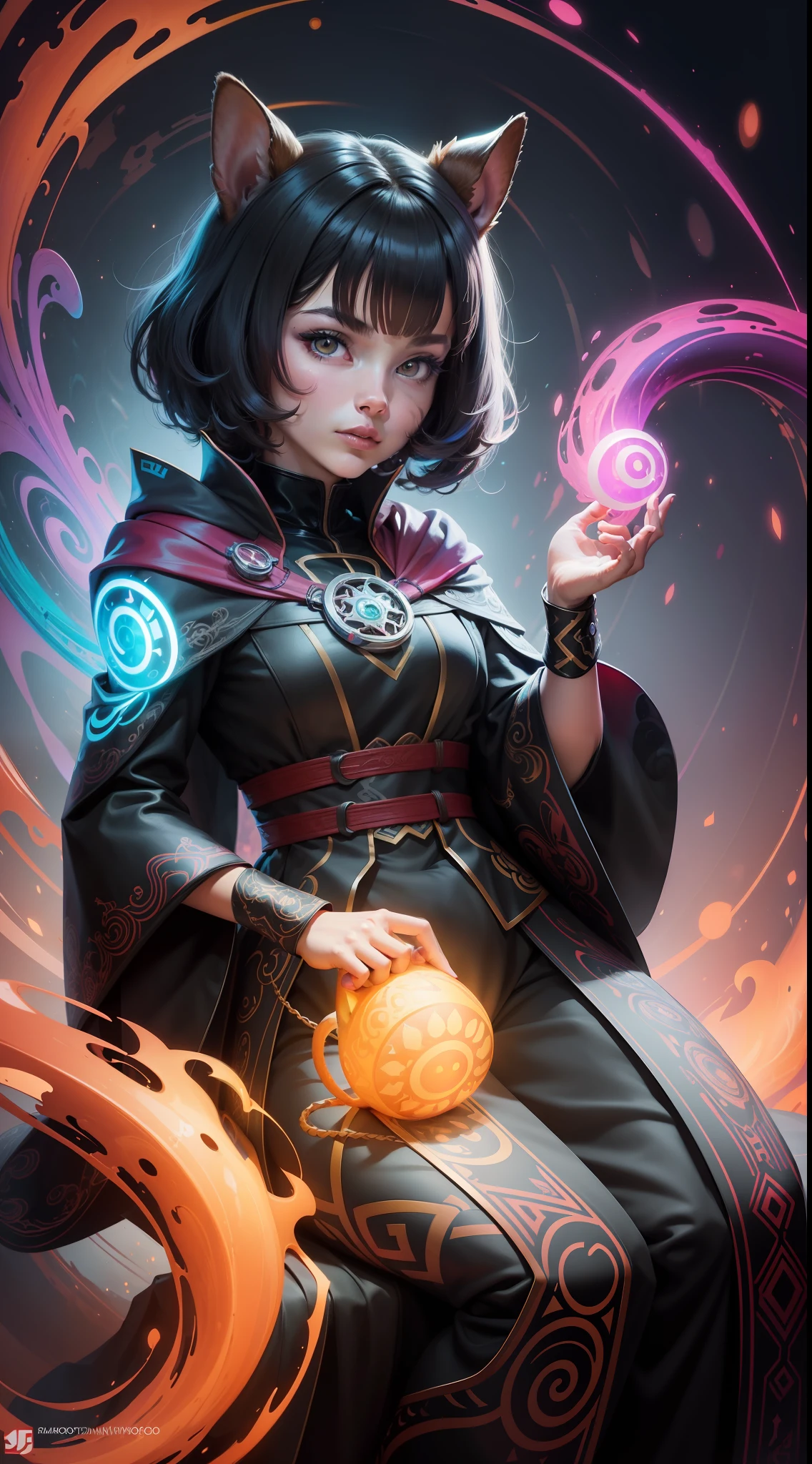 a brightly colored doctor strange squirrel sitting on a black surface with a swirly tail, cute digital art, adorable digital painting, colorfull illustration, cute detailed digital art, colorful illustration, glowing lights! digital painting, jen bartel, cute colorful adorable, beautiful digital artwork, art of alessandro pautasso, cute artwork, adorable glowing creature, colorful glow