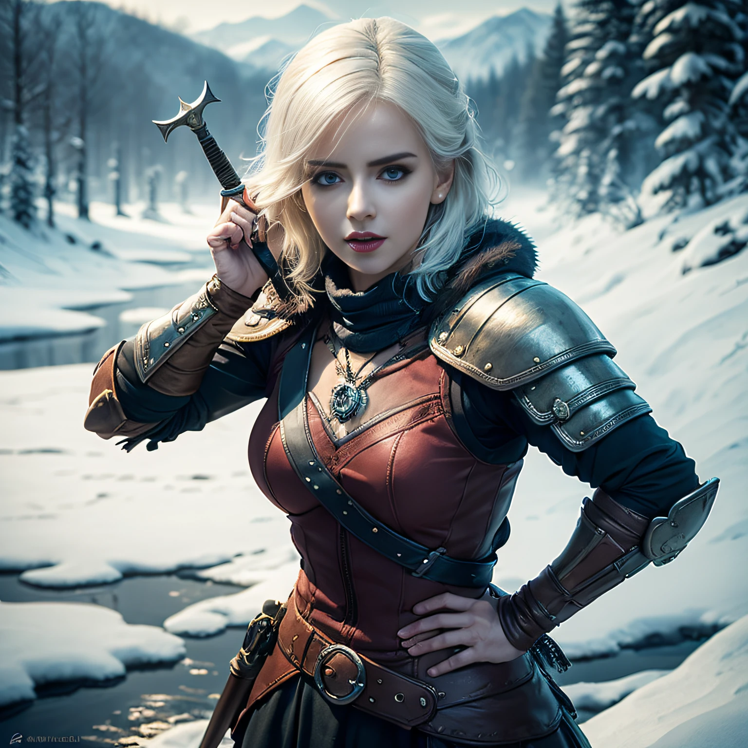 ciri, Cirilla Fiona Elen Riannon, the witcher, The landscape, dawn, River, Snow, winter, swallow, Geralt, Fighting, face, Wizard armor, Wizard Sword, rage