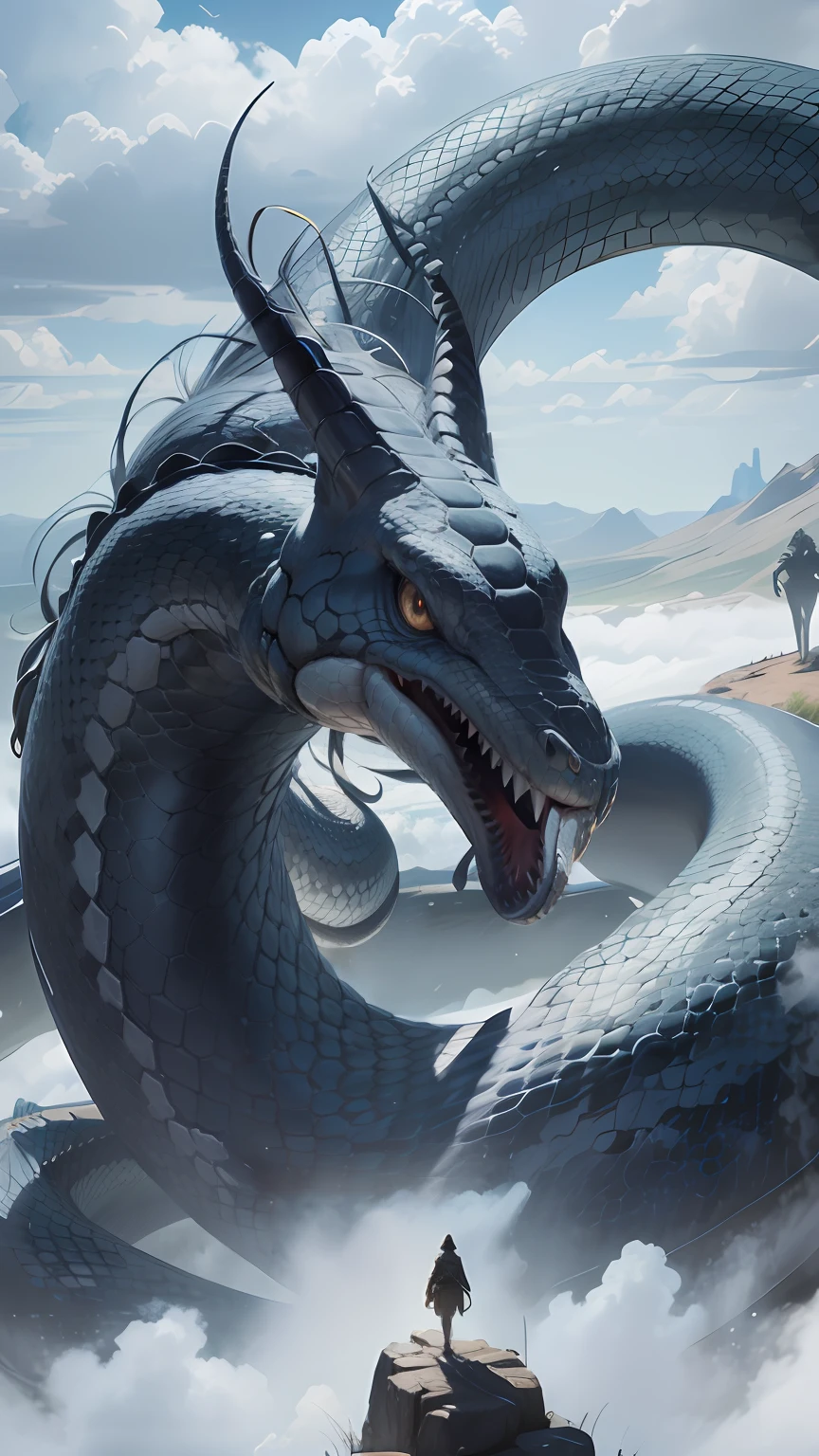 The giant snake flew through the sky,Giant Serpent,Elongated body,Correct snake anatomy,the detail