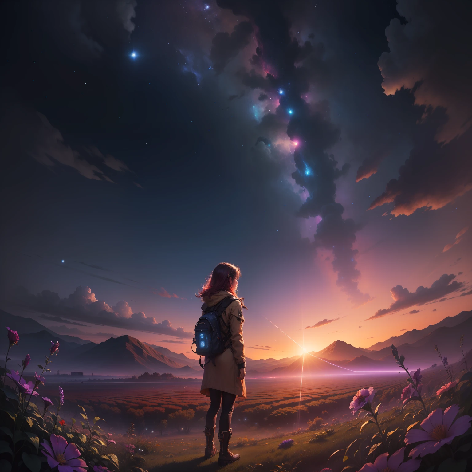 expansive landscape photograph , (a view from below that shows sky above and open field below), a Child standing on flower field looking up, (full moon:1.2), ( shooting stars:0.9), (nebula:1.3), distant mountain, tree BREAK production art, (warm light source:1.2), (Firefly:1.2), lamp, lot of purple and red, intricate details, volumetric lighting BREAK (masterpiece:1.2), (best quality), 4k,Realistic, ultra-detailed, (dynamic composition:1.4), highly detailed, colorful details,( iridescent colors:1.2), (glowing lighting, atmospheric lighting), dreamy, magical, (solo:1.2)