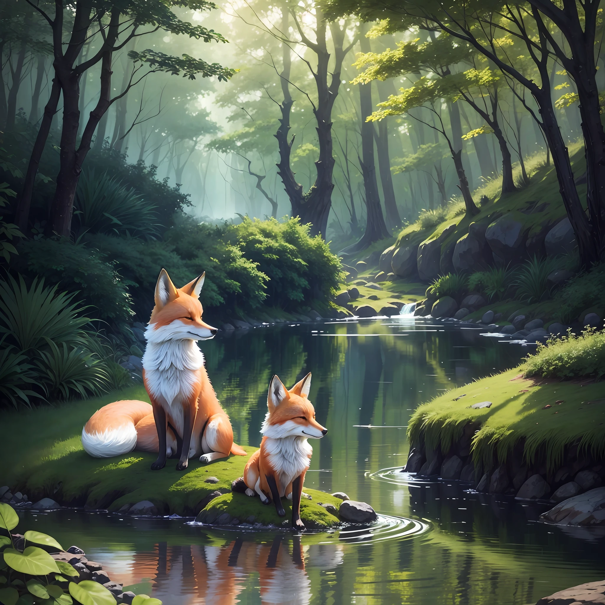 "Hyper realistic fox in a serene woodland beside a tranquil water source." --auto