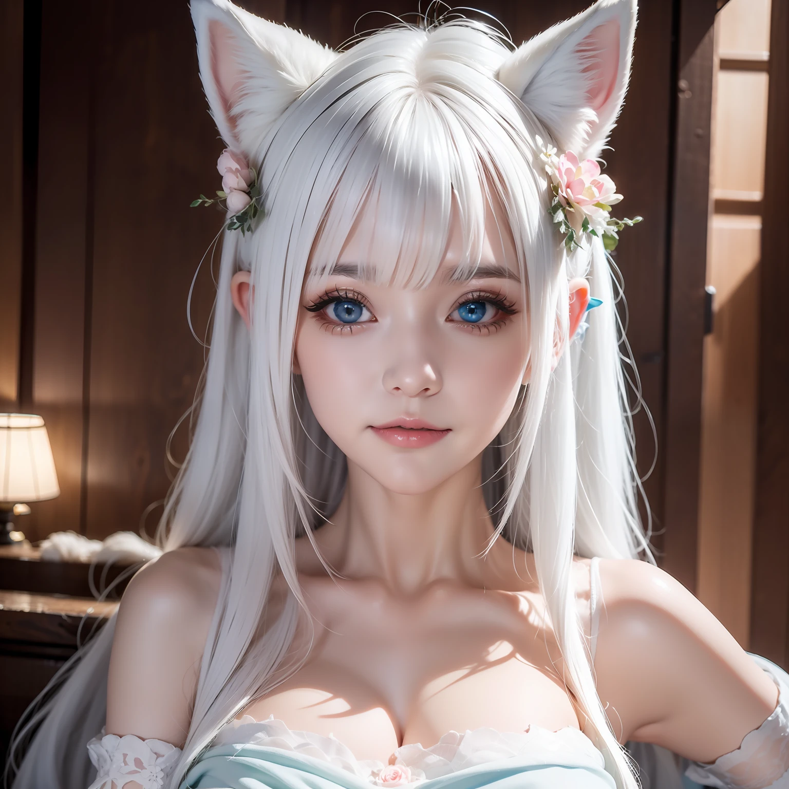 Fox ears white hair girl，fluffy fox ears，fox tails，No ears，Pink floral maxi dress，A beauty with only fox ears，Hair clogs the ears，Fox girl，Fox eyes，Enchanted，Charming，16k， best qualityer， tmasterpiece， 1womanl， 独奏， mature， Raised sexy， Highly detailed face and eyes， professional make-up，  ，， glow blue eyes，Fox ears white hair girl