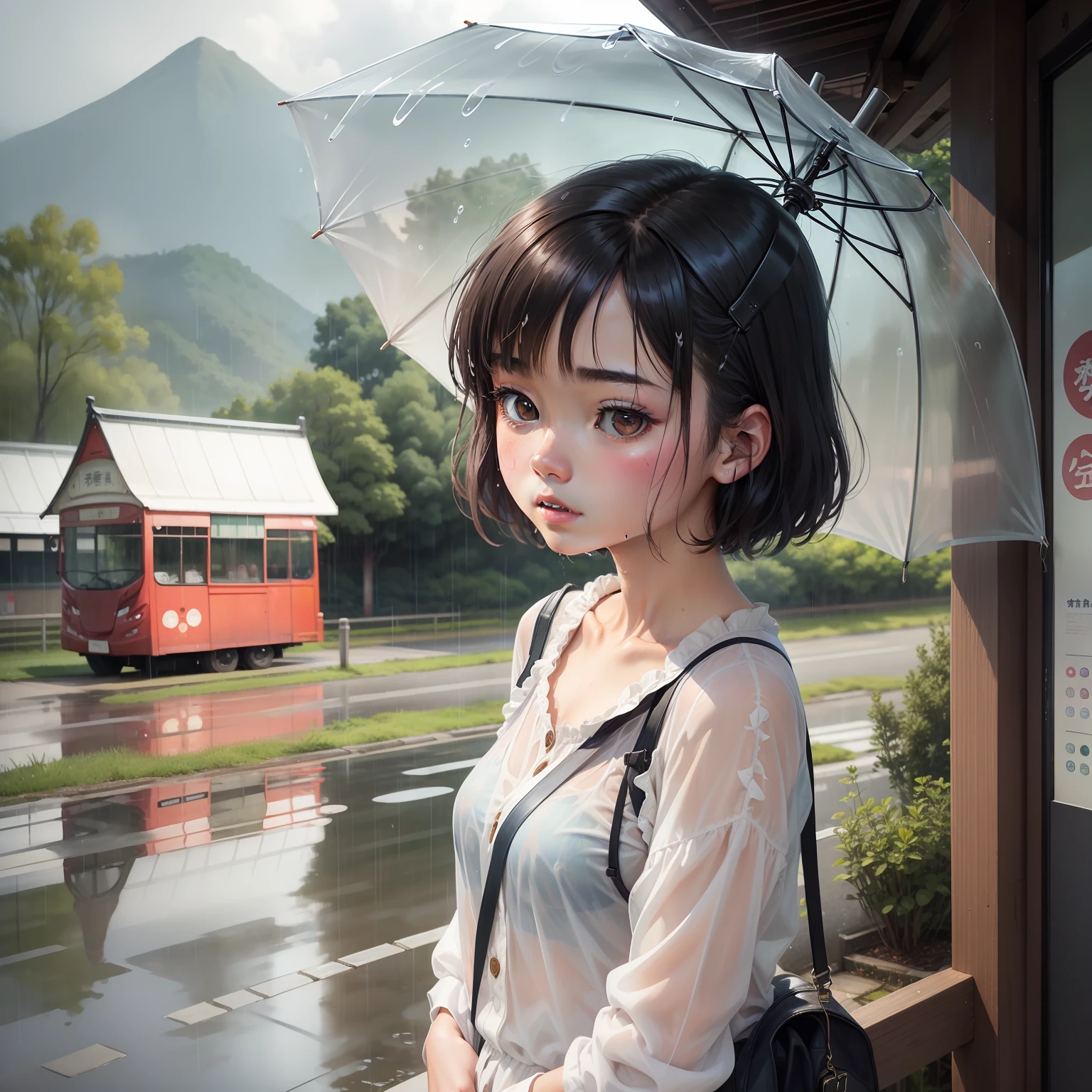One girl、under the rain、Stand with an umbrella、jpn、countryside、Lonely bus stop、Wet see-through clothes、short-hair、Double eyes、Thin eyebrows、Beautiful lips、Blushing cheeks、watercolor paiting、image、ren、masterpiece、highest peak。