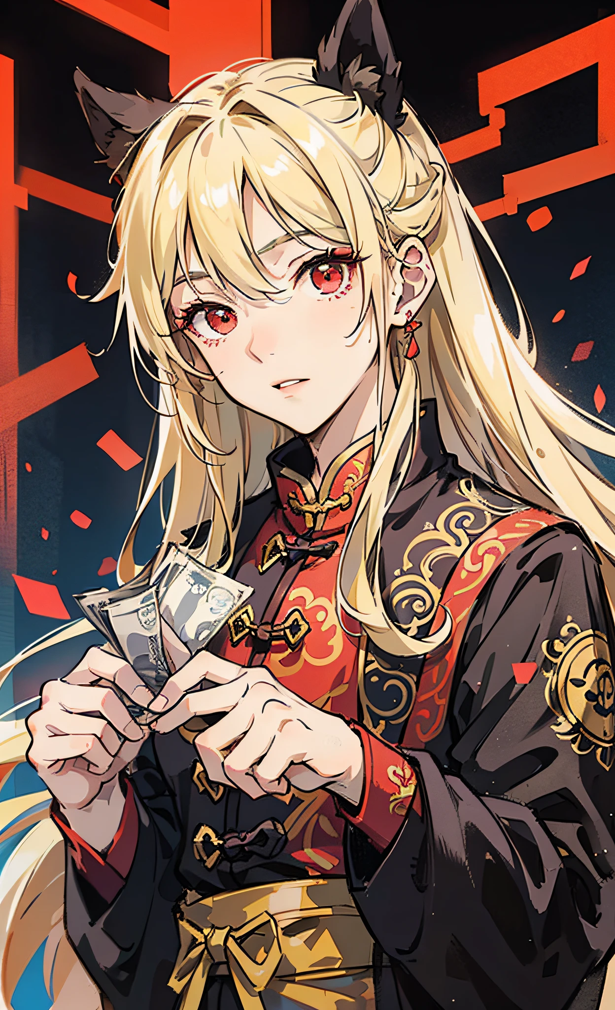 A young Chinese man wearing a Taoist martial arts uniform holds a silver ticket,Long blonde hair,dark night background,Red eyes,The is very detailed,greedy about money