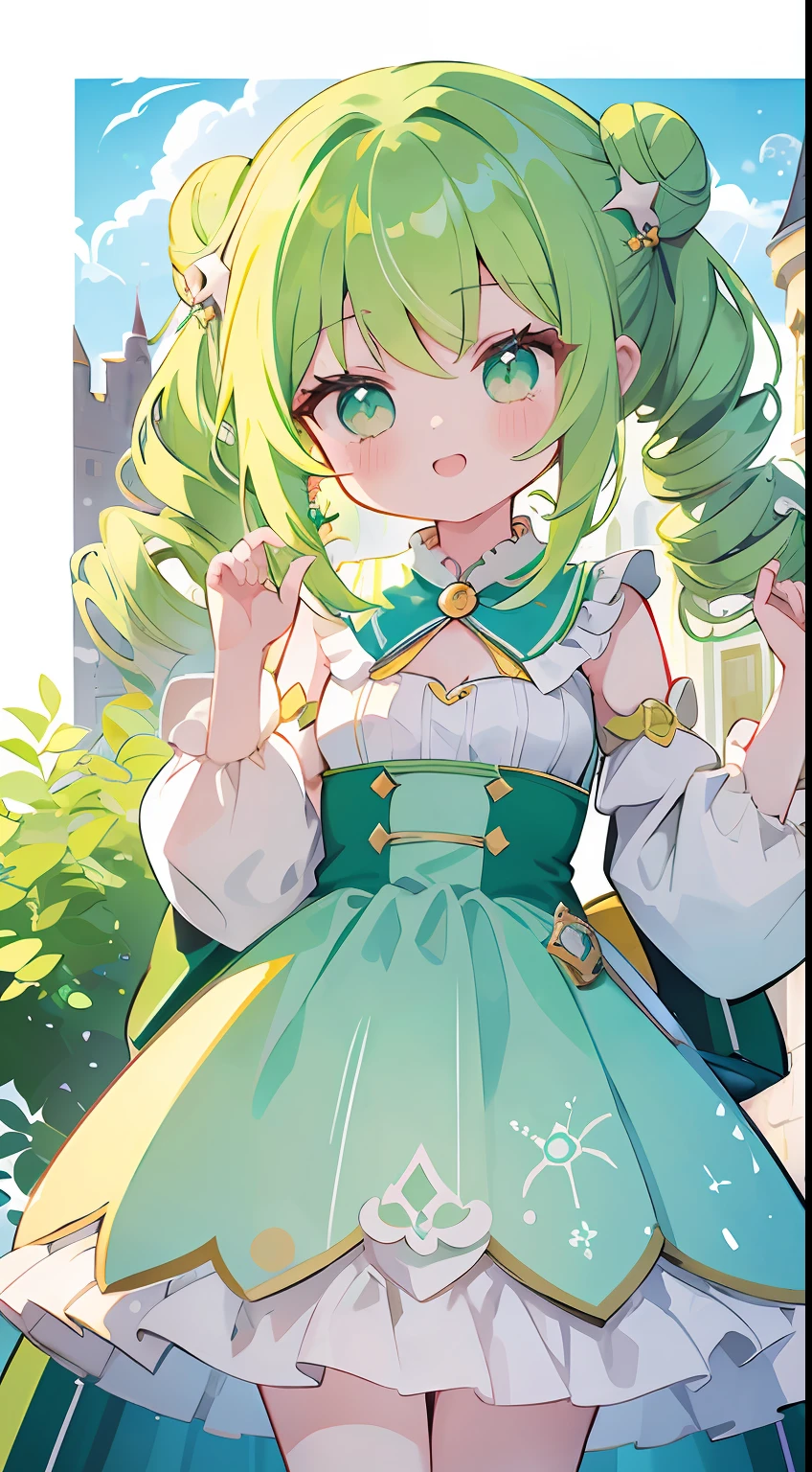 One girl、Yellow-green hair、cute little、masterpiece、top-quality、Top image quality、Curly hair、Hair rolls、smil、bluish green eyes、Meek、A Princess、Onepiece、in a castle、Background inside the castle、top grade、ren