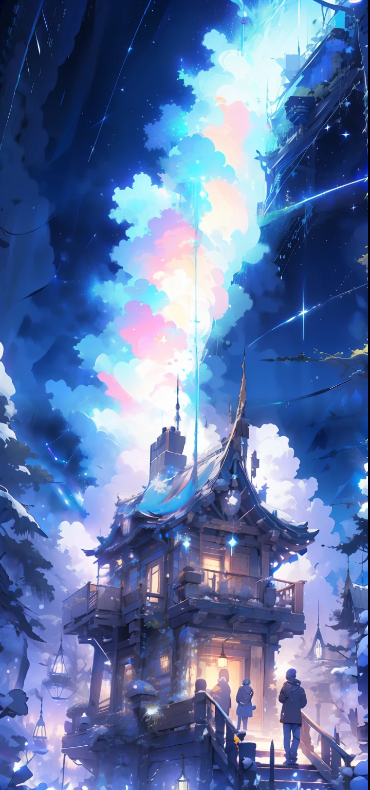 night sky full of stars、Don't draw humans、masterpiece、top-quality、detail portrayal、8K、colorful stars、shooting stars、 long focal、Composition with depth