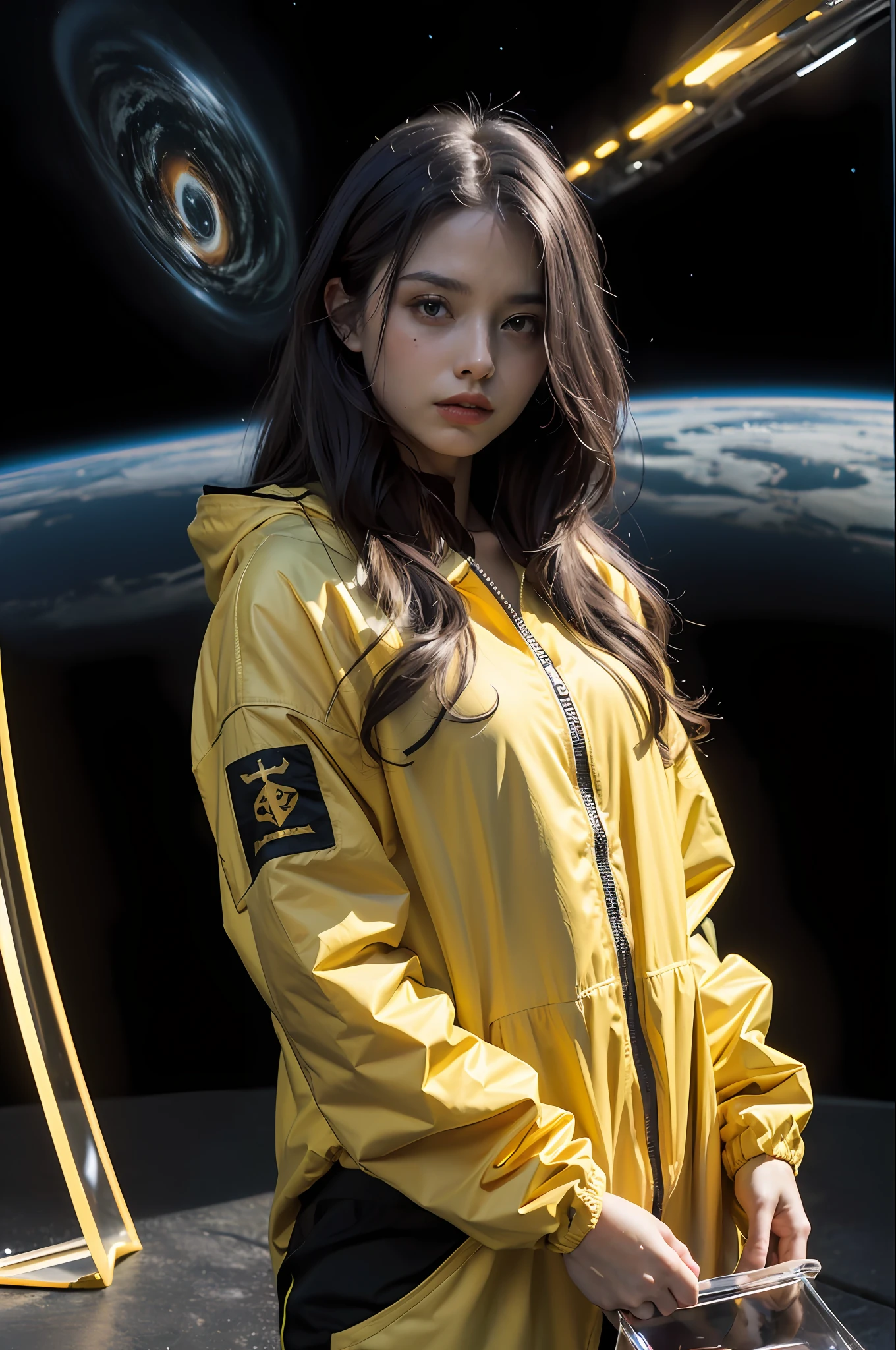 ((masterpiece), (best quality), ultra high res, (raw photo:1.2), (photorealistic:1.4), Exceptional detail, dramatic lighting, highres, 8k, absurdres, 1cat, (Chartreux:1.2), Chartreux, universe, earth, (magical windbreaker), marvel, time travel, magical circle, summon, summon circle, space and time distortion, universe inside a metal hour glass, hour glass, marvel cinematic universe, a sports suit standing on a street, computer graphics by Chris LaBrooy, cgsociety, space art, unreal engine 5, reimagined by industrial light and magic, unreal engine, design KUDO sports windbreaker in yellow and white style of the Stavropol flag square cross symbol with small accents of black colour details