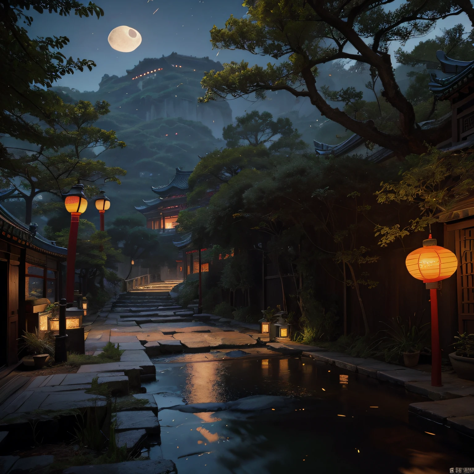 Official Art, Ancient China, Ancient Streets, (Lots of Fireflies), (Night), (Moon), Lights, Beautiful Landscapes, Epic Landscapes, Realistic Lighting, Masterpieces, High Quality, Beautiful Graphics, High Detail, Global Illumination, Unreal Engine Rendering, Octane Rendering, (HDR:1.3)