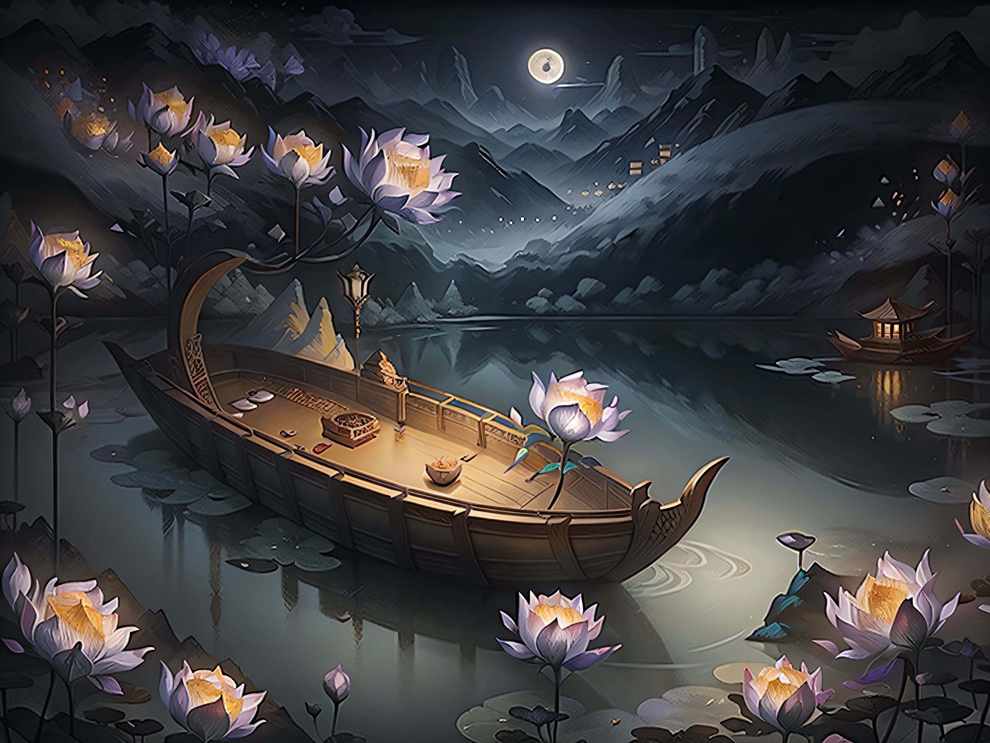 the night,themoon,Skysky,mountains and rivers,Lake surface,lotus flower,A small boat on the lake,With the atmosphere of the Mid-Autumn Festival