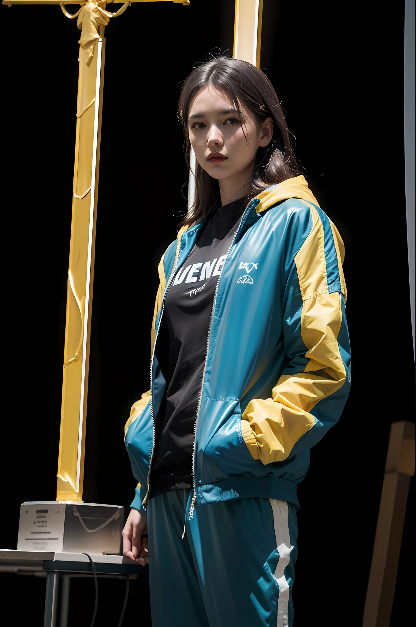 ((masterpiece), (best quality), ultra high res, (raw photo:1.2), (photorealistic:1.4), Exceptional detail, dramatic lighting, highres,   8k, absurdres,  1cat, (Chartreux:1.2),  Chartreux, universe, earth,  (magical windbreaker), marvel, time travel, magical circle, summon, summon circle,  space and time distortion, universe inside a metal hour glass, hour glass, marvel cinematic universe, a sports suit standing on a street, computer graphics by Chris LaBrooy, cgsociety, space art, unreal engine 5, reimagined by industrial light and magic, unreal engine, design KUDO sports windbreaker in yellow and white style of the Stavropol flag square cross symbol with small accents of black colour details