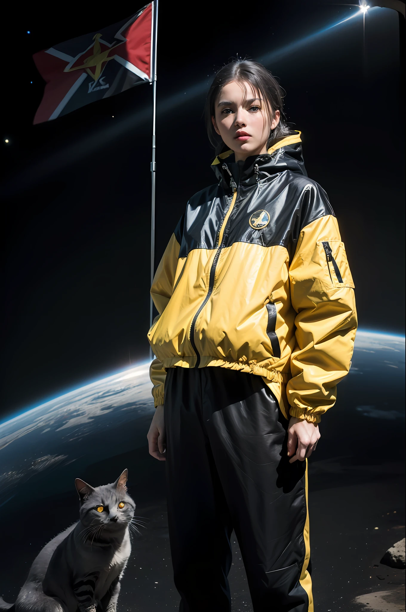 ((masterpiece), (best quality), ultra high res, (raw photo:1.2), (photorealistic:1.4), Exceptional detail, dramatic lighting, highres,   8k, absurdres,  1cat, (Chartreux:1.2),  Chartreux, universe, earth,  (magical windbreaker), marvel, time travel, magical circle, summon, summon circle,  space and time distortion, universe inside a metal hour glass, hour glass, marvel cinematic universe, a sports suit standing on a street, computer graphics by Chris LaBrooy, cgsociety, space art, unreal engine 5, reimagined by industrial light and magic, unreal engine, design KUDO sports windbreaker in yellow and white style of the Stavropol flag square cross symbol with small accents of black colour details