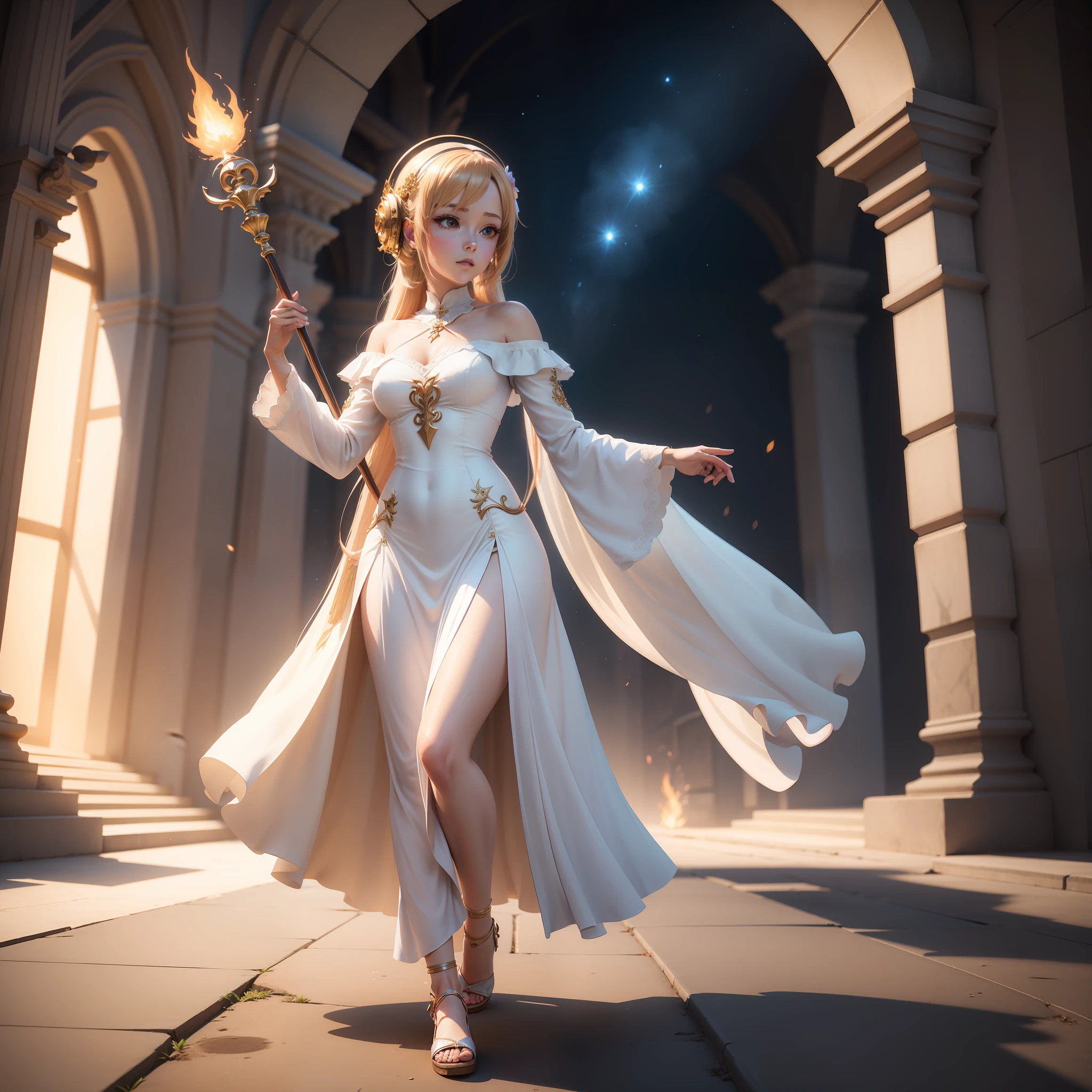 Image of Alphad of a woman in a long dress, render of a cute 3d anime girl, anime styled 3d, 3d anime girl, photorealistic anime girl rendering, 3 D rendering character art 8 K, render of april, Anime lighting, 3 d render official art, 8K high quality detailed art, Smooth anime CG art,Hold a long staff with musical elements in his left hand,The staff touches the ground(Theme: Infinite Sound Wave)