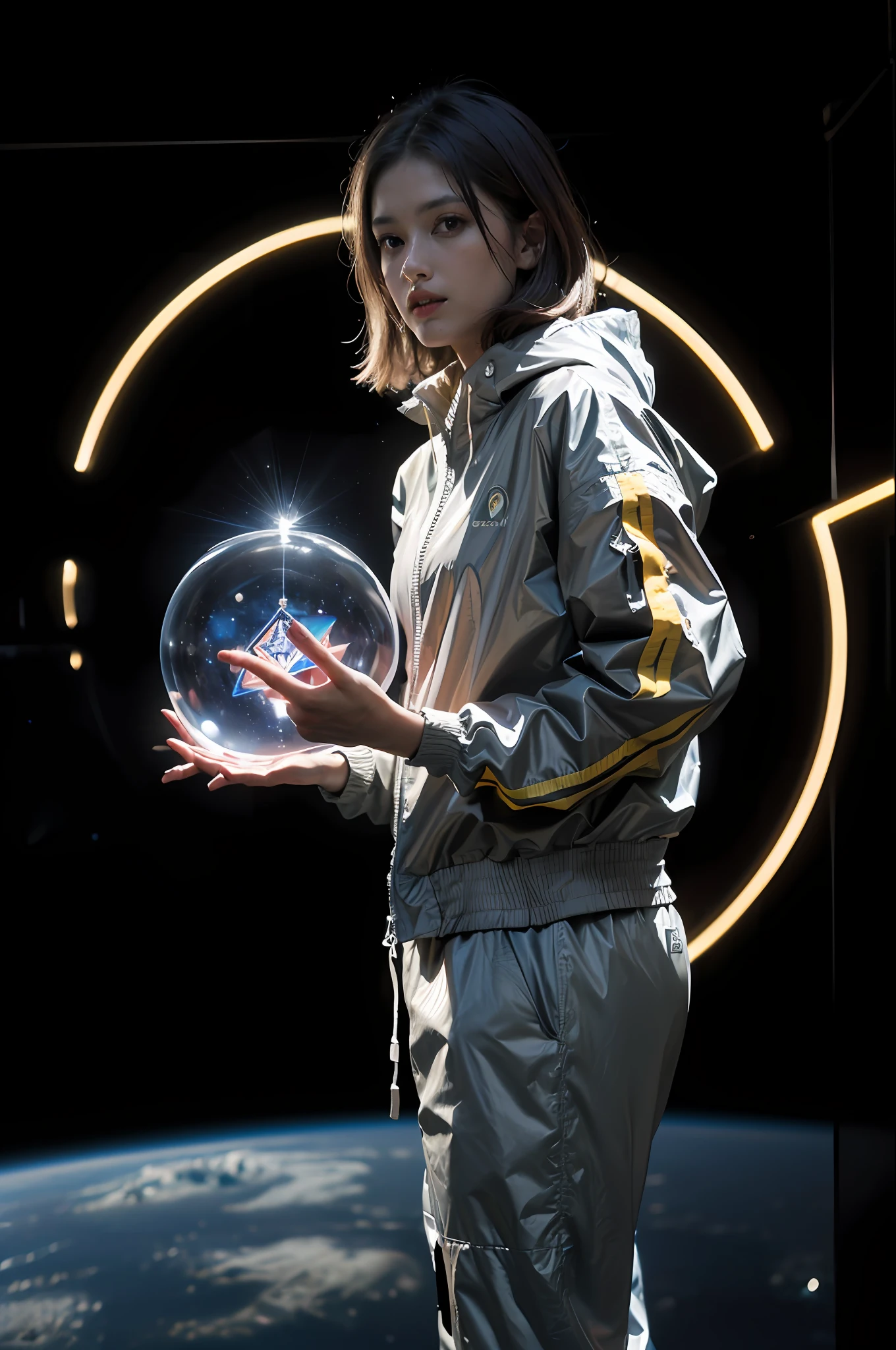 ((masterpiece), (best quality), ultra high res, (raw photo:1.2), (photorealistic:1.4), Exceptional detail, dramatic lighting, highres, 8k, absurdres, 1cat, (Chartreux:1.2), Chartreux, universe, earth, (magical windbreaker), marvel, time travel, magical circle, summon, summon circle, space and time distortion, universe inside a metal hour glass, hour glass, marvel cinematic universe, a sports suit standing on a street, computer graphics by Chris LaBrooy, cgsociety, space art, unreal engine 5, reimagined by industrial light and magic, unreal engine, design KUDO sports windbreaker in yellow and white style of the Stavropol flag square cross symbol with small accents of black colour details