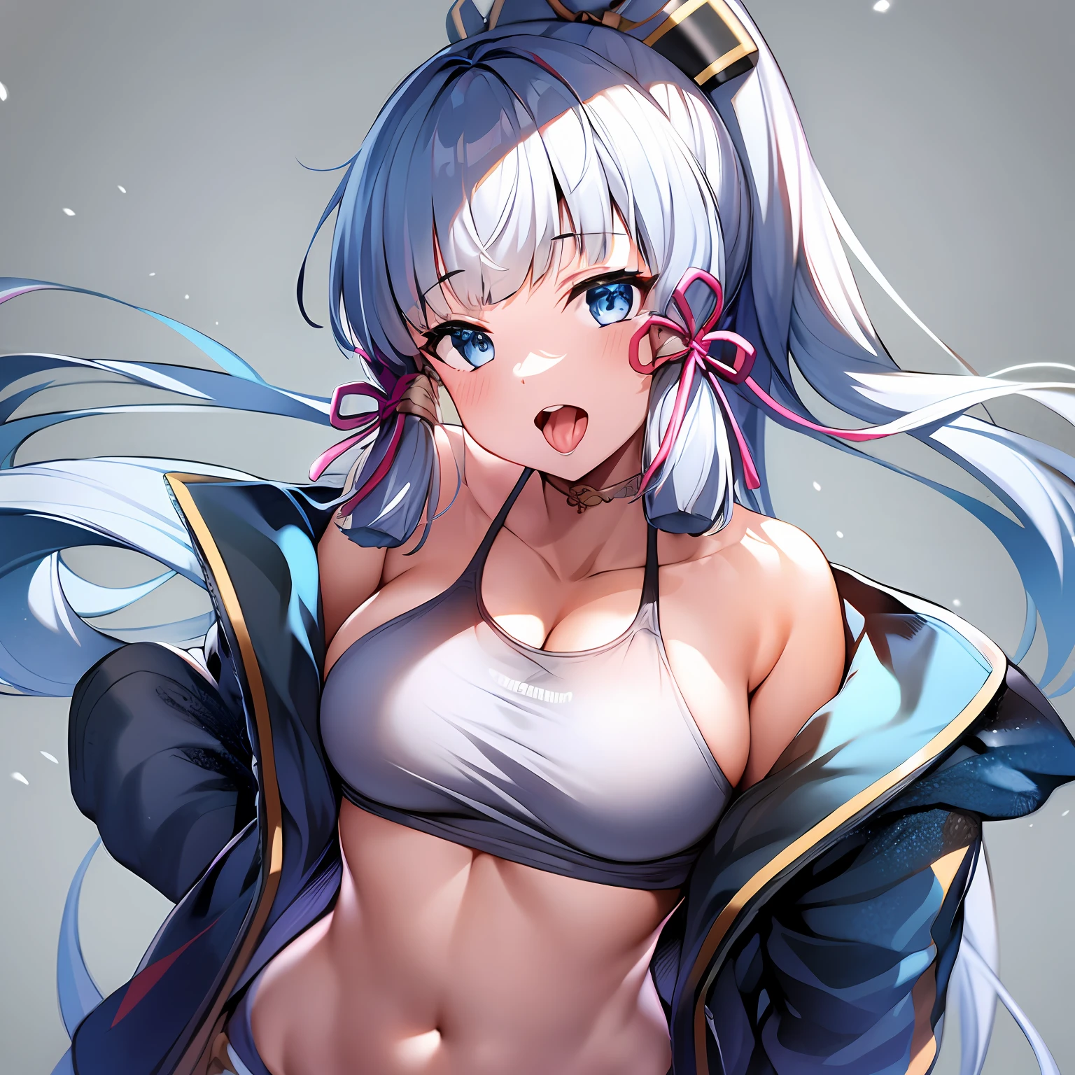 (((1girl))), hands up, long hair, tank-top, jacket, open shoulder, cowboy shot, bikini, medium breast, white background, open mouth, stick out her tongue out at viewers, silver eyes, flushed, Kamisato ayaka