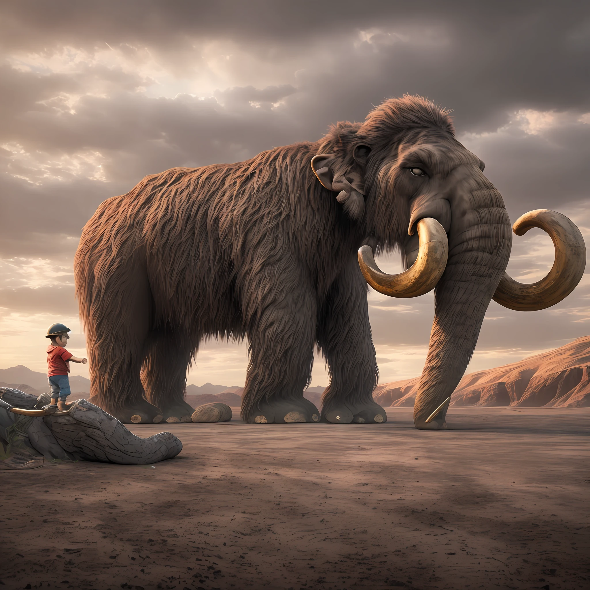 Depiction of a  riding on a mammoth looking for the sun, ultra-high def, dramatic, muy detallado, Detalles intrincados, hiperrealista, fotorrealista, 8k, HDR