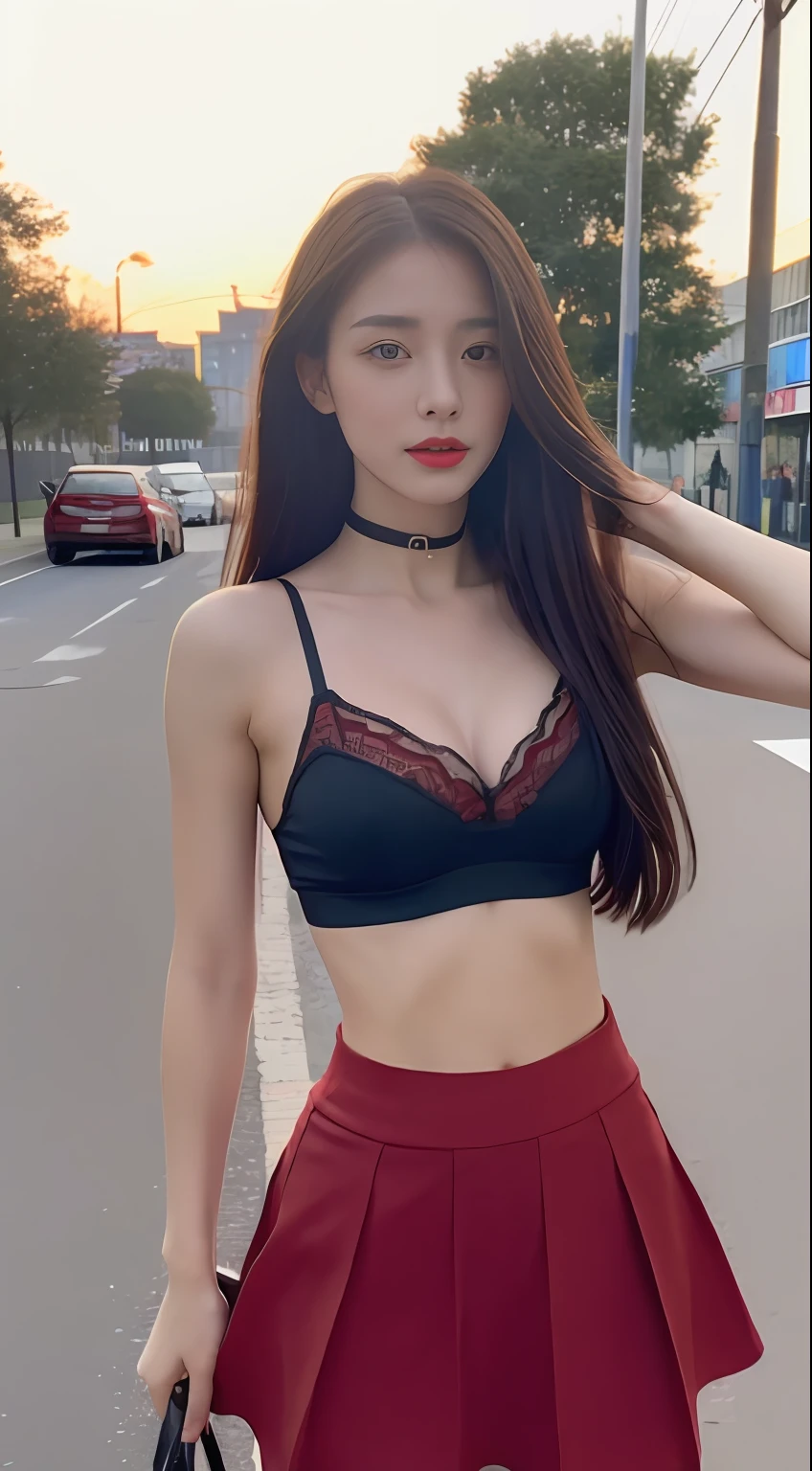 ((Realistic lighting, Best quality, 8K, Masterpiece: 1.3)), Focus: 1.2, 1girl, Perfect Figure: 1.4, Slim Abs: 1.1, ((Dark long hair)), (red sport bra with red skirt: 1.4), (Outdoor, Day: 1.1), City streets, Super fine face, Fine eyes, Double eyelids, dog collar, exposed cleaveage