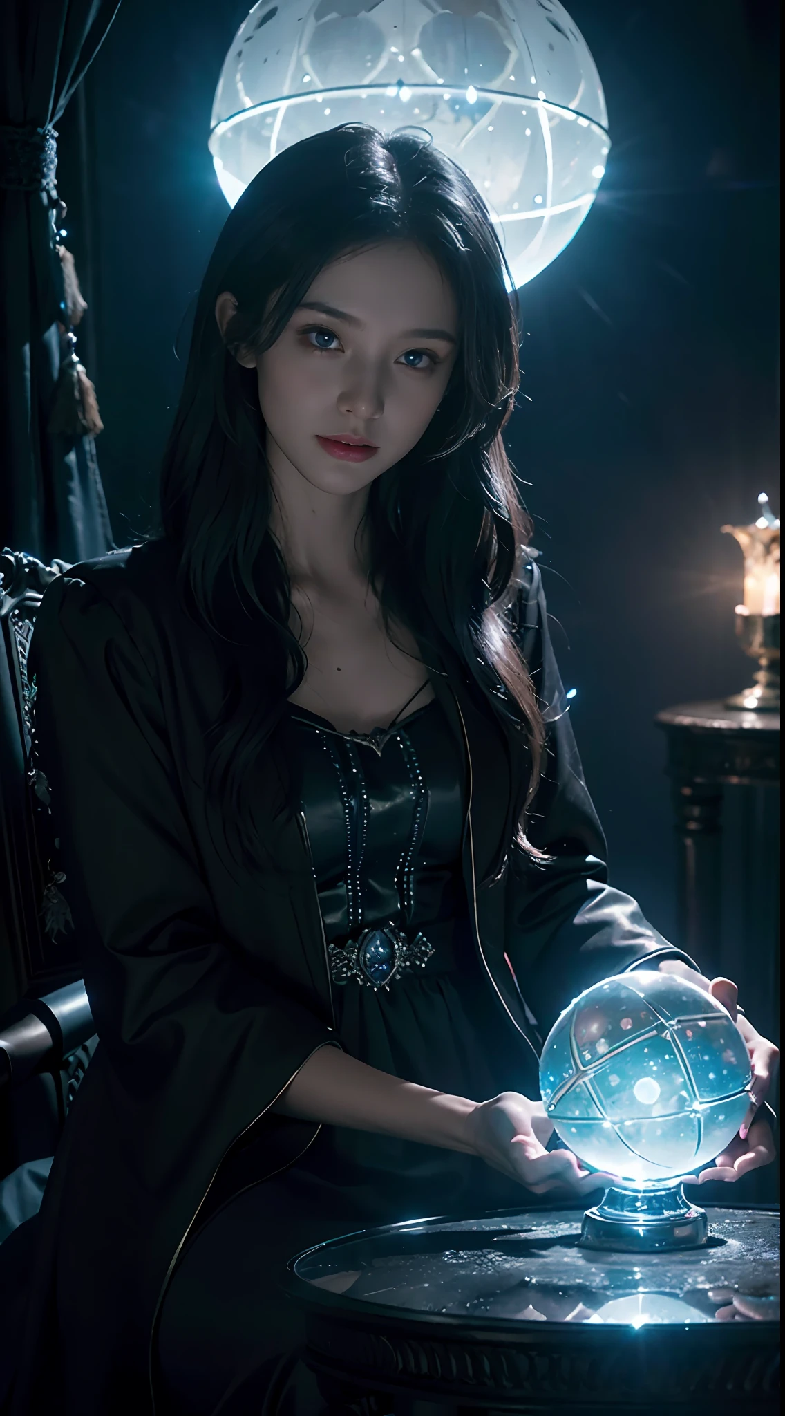 Moonlight, The evil witch casts magic on the Crystal ball in front of her, (There is a castle in the Crystal ball), The witch's eyes emit a blue flame, Electroluminescent Wire, Dreamy Glow, anatomically correct, (Photorealistic,masterpiece,best quality,UHD,extremely detailed, Cinematic Lighting)