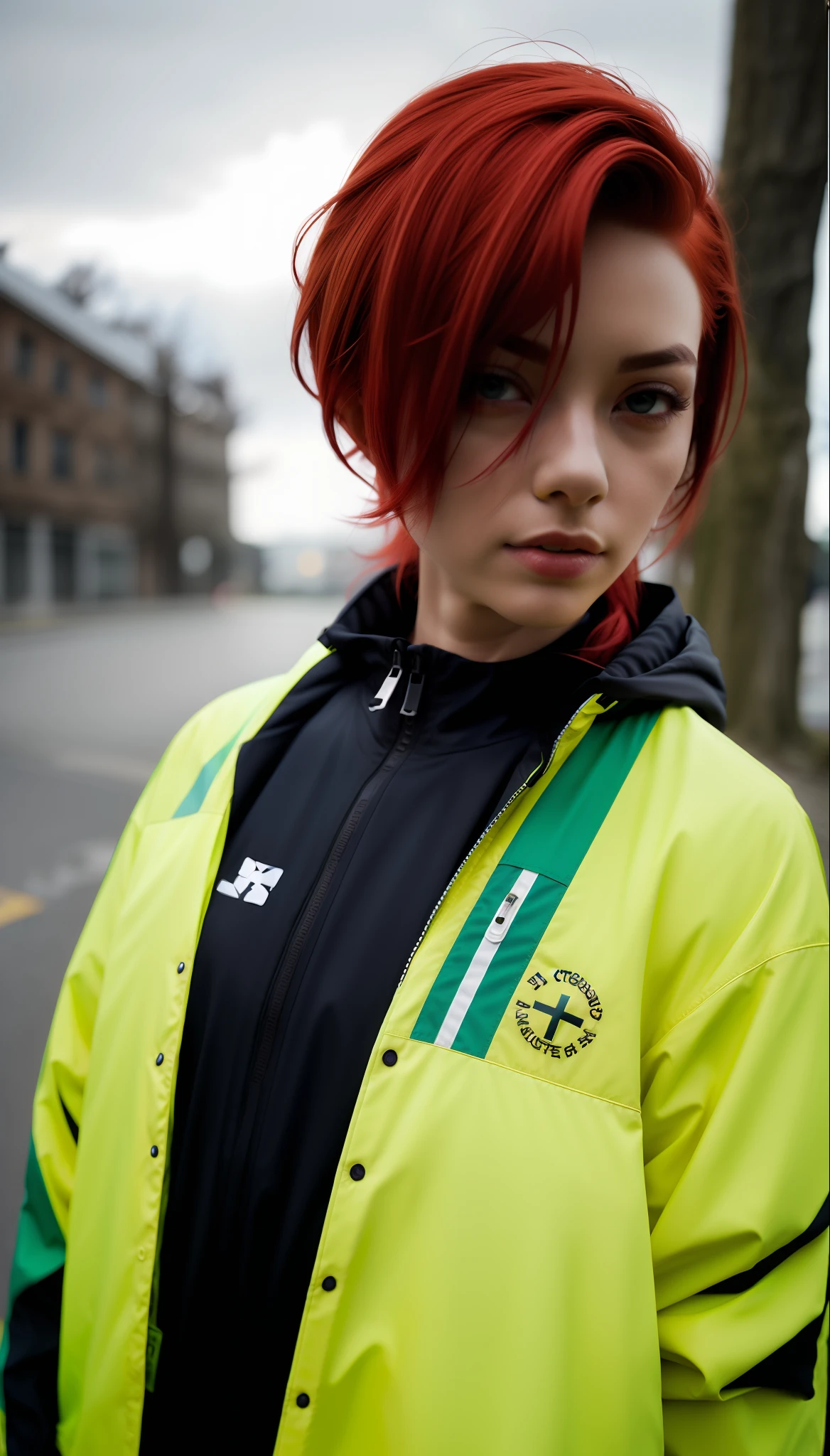 1girl, film, mm, photo, floating hair, fashion, jackect, techwear, red hair, looking at viewer, design KUDO sports windbreaker in yellow and white style of the Stavropol flag square cross symbol with small accents of black colour details