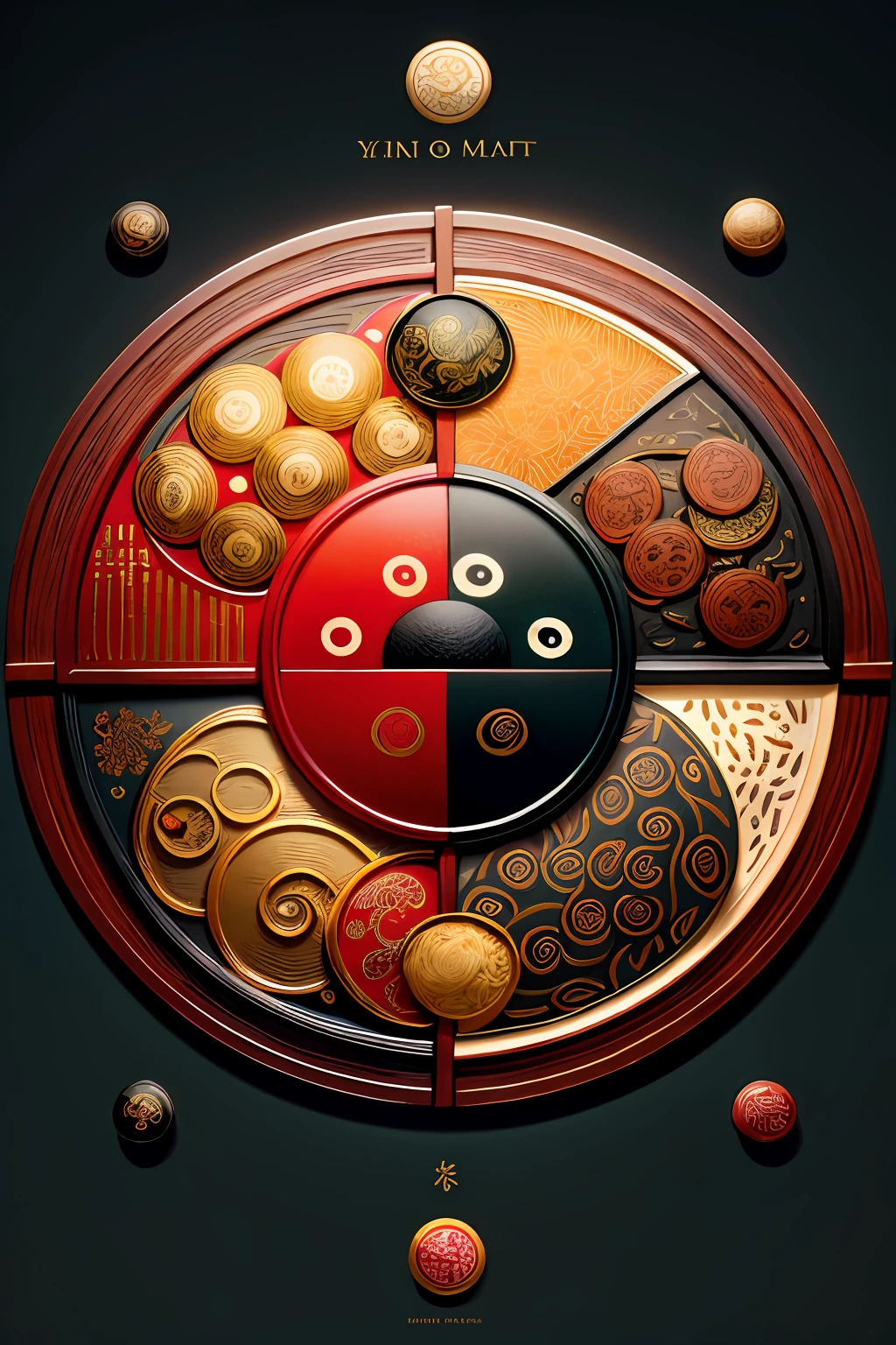 Detailed illustration of medieval grain manuscript pages,With agricultural illustrations,Yin and Yang pattern illustration and particles,Red beans, Black beans, soybean, rice, Mai poses with a yin and yang gossip pattern,Complex text,extremly high detail,aerial view from above,at centre,No Man,No Man