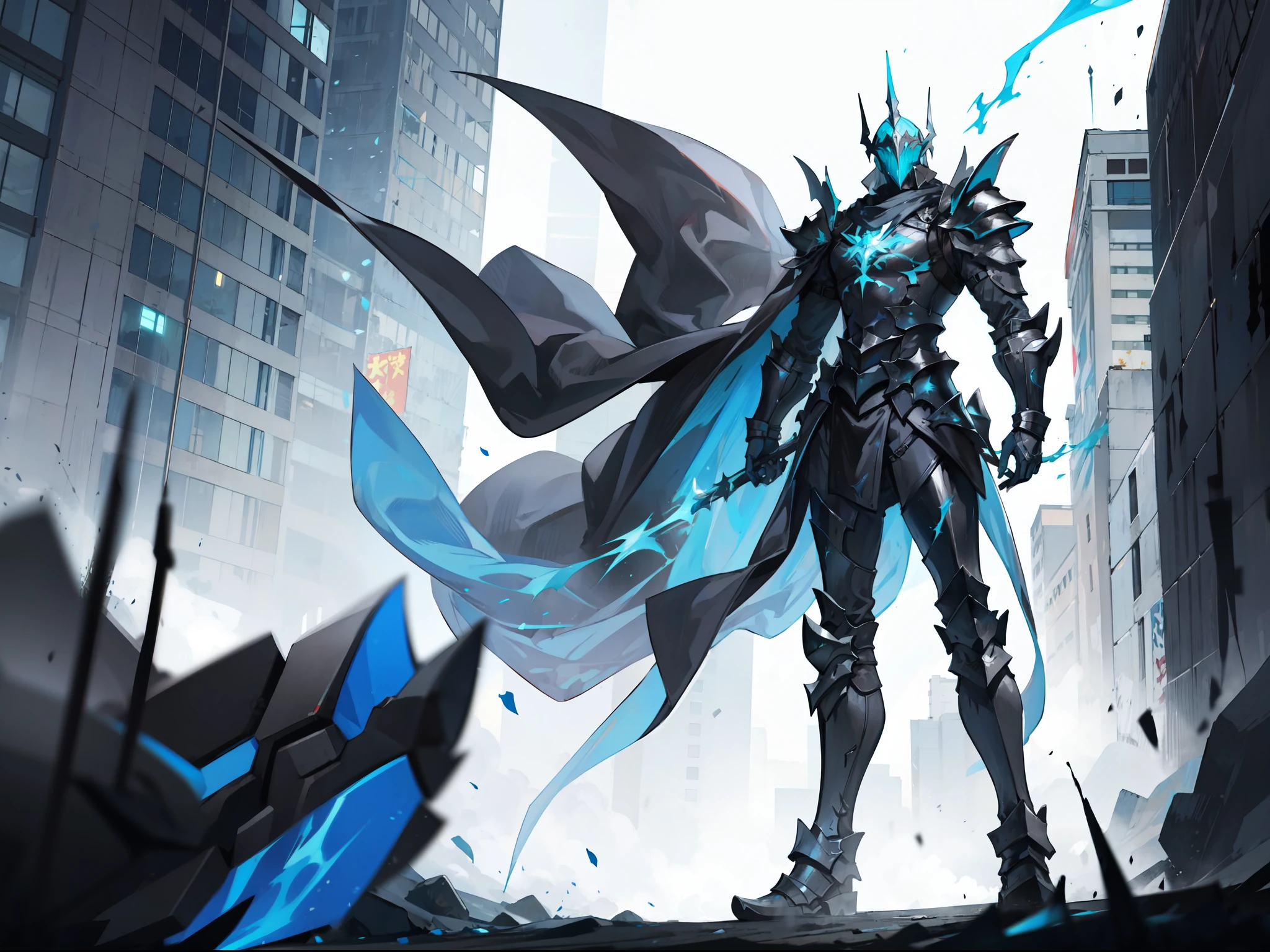 "generate a full black armored standing arrogantly on the battlefield with horrible aura"