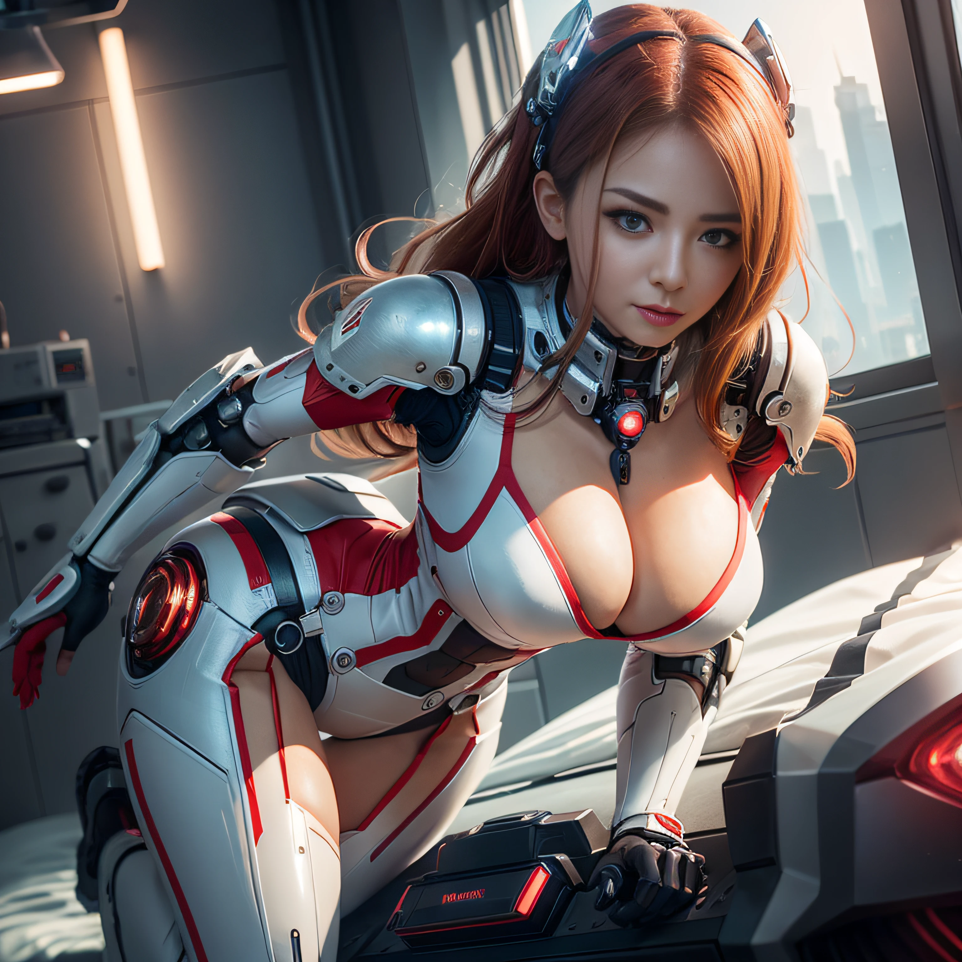 Highest quality, outstanding detail, super high resolution, (realism: 1.4), best illustration, favor details, close-up, a mecha girl, with a delicate and beautiful face, ((red and white semi-mechanical body: 1.8)), (big breasts: 1.2), sexy, cleavage, bed, frontal, cyberpunk, futuristic, mechanical aesthetics, complex machinery, background is a high-tech lighting scene of the futuristic city, virtual engine 5, perfect detail rendering, octane rendering, ultra HD