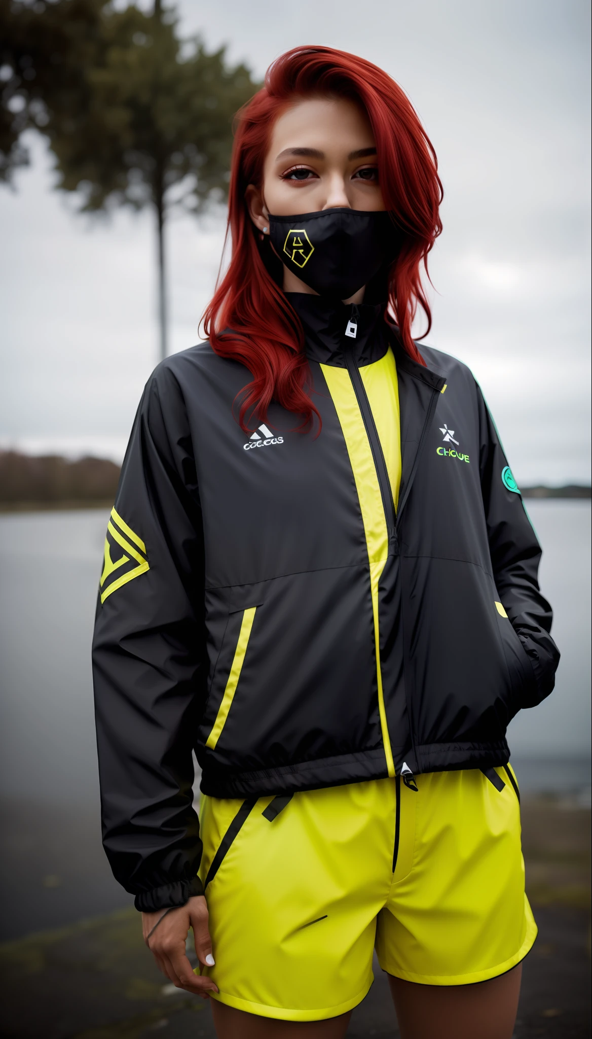 1girl, film, mm, photo, floating hair, fashion, jackect, techwear, red hair, looking at viewer, design KUDO sports windbreaker in yellow and white style of the Stavropol flag square cross symbol with small accents of black colour details