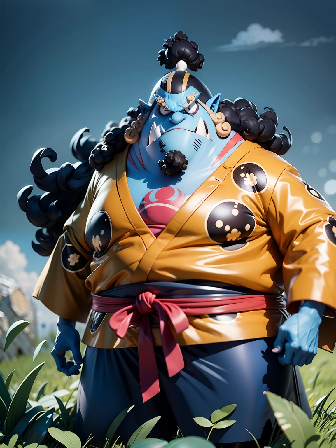 masterpiece, best quality, ultra-detailed, jinbei, jinbei oyabun 1boy, solo, Full body, smile, blue skin, wearing suits, detailed face, day, full body, looking at viewer, male focus, open fields, grass, perfect hands, perfect face, background japanese traditional house