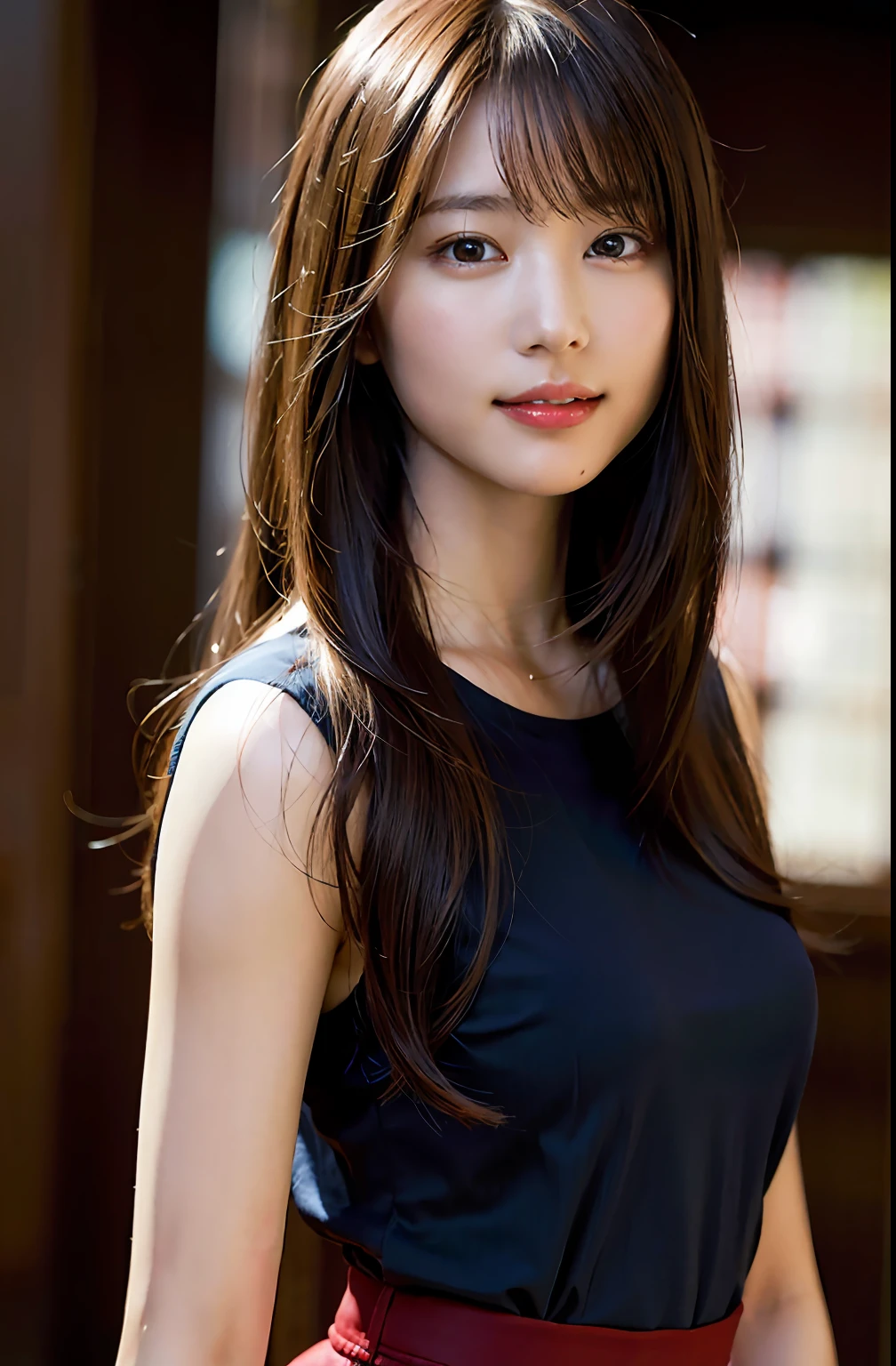 (8k, RAW photo, best quality, masterpiece:1.2), (realistic, photo-realistic:1.37), ultra-detailed, ultra high res,1 girl,looking at viewer,beautiful detailed face,smile,narrow,(slim waist:1.3),shirt, beautiful detailed skin, skin texture, floating hair,professional lighting,
